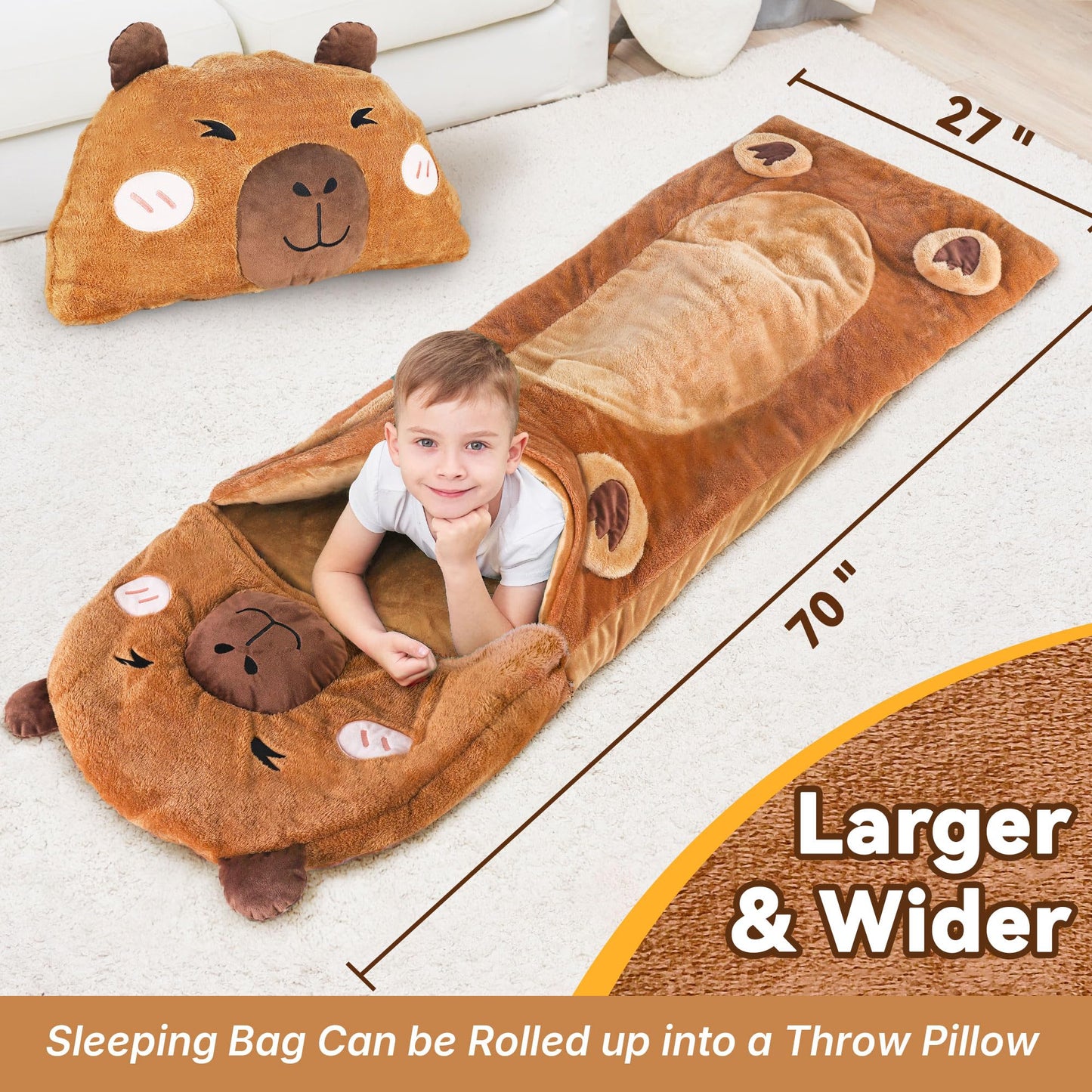 iPlay, iLearn Kid Sleeping Bag, Plush Capybara Slumber Bag, Toddler Girl Boy Nap Mat, 2 In 1 Brown Animal Pillow, Happy Travel Sleepover Daycare Preschool Birthday Gift for Age 3 4 5 6 7 8 10 12 Child