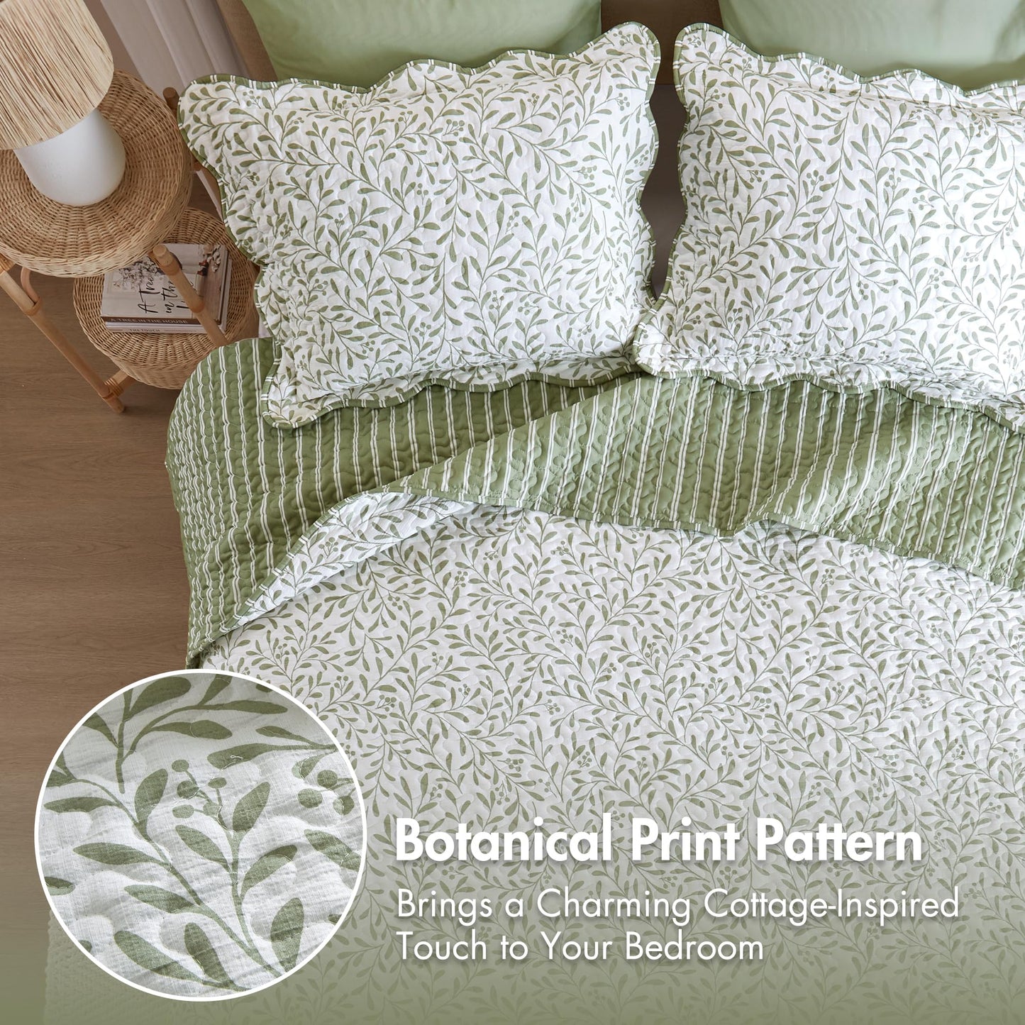Madison Park 3-Piece Reversible Quilt Set, Botanical Print & Scalloped Edge, Lightweight Summer Bedding, Queen, Market Green