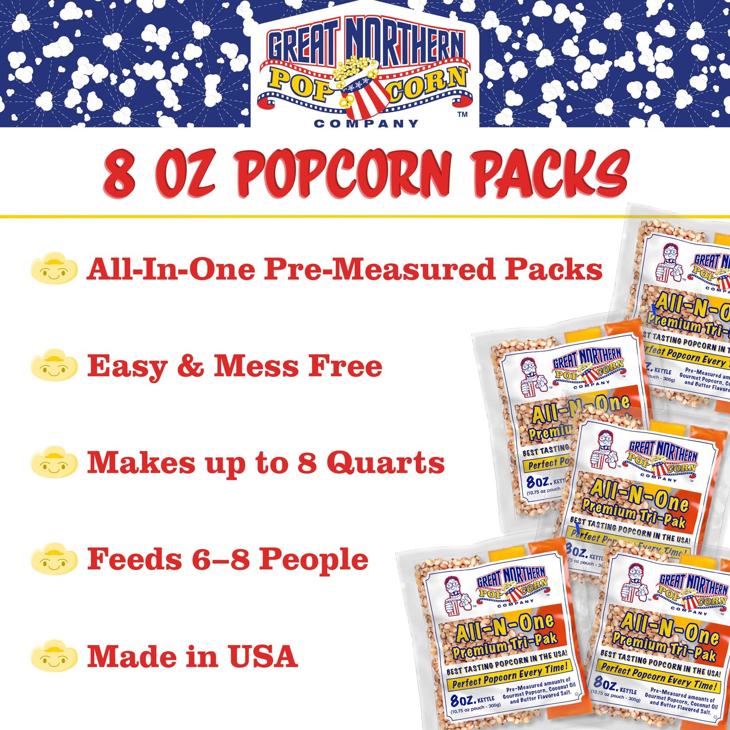 All-in-One Premium Tri-Pack Popcorn - Premeasured 10.75-Ounce Popcorn Packs for 8-Ounce Commercial Poppers - 24/Case by Great Northern Popcorn