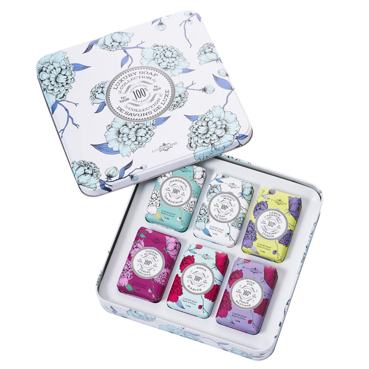 La Chatelaine Luxury Soap Collection | Oprahs Favorite Things | Shea Butter Bar Soaps, Made in France | Natural | Set of 6, 7 oz (Gardenia, Coconut Milk, Lemon Verbena, Cherry Almond, Shea, Wild Fig)