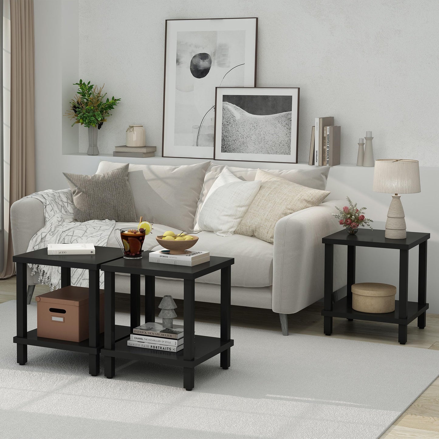 MMEOLUOOK Large End Table Square Side Table Modern Sofa Table 20 Inch Industrial Coffee Table NightStand with 2-Tier Storage Shelf for Living Room Bedroom Black MLBZ06B