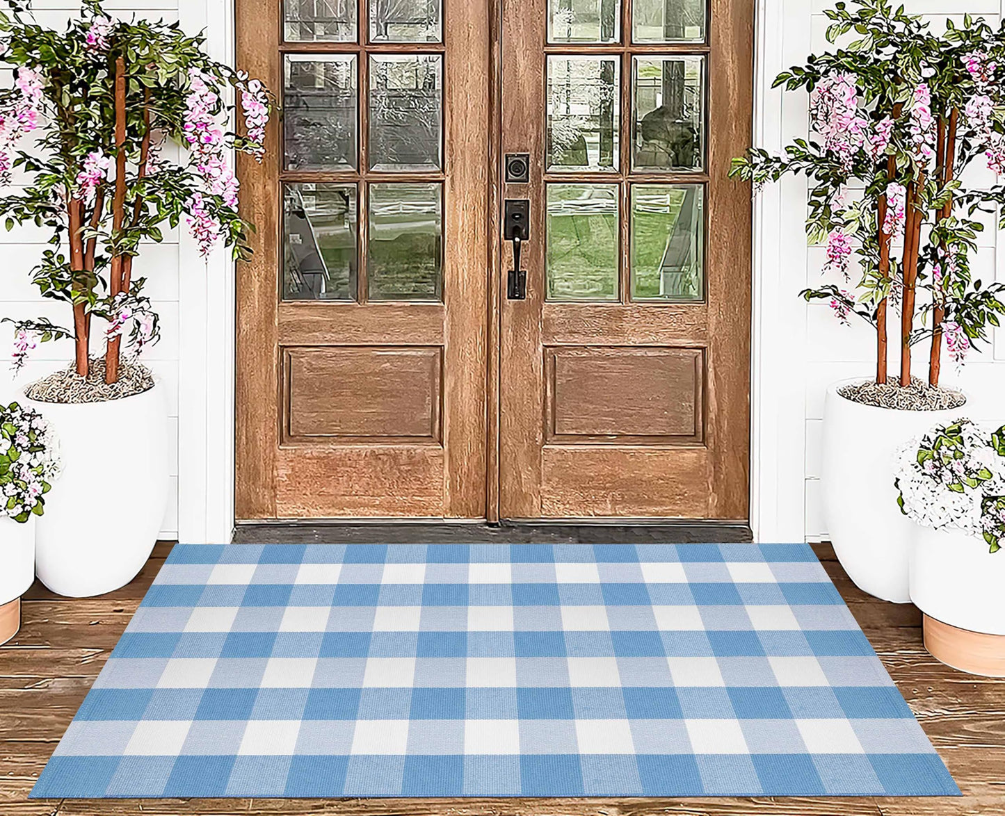 Buffalo Plaid Rug 3'x 5' Light Blue and White Checkered Porch Rug Cotton Woven Washable Layering Door Mat for Welcome Door Mat Porch Entryway Bedroom Living Room
