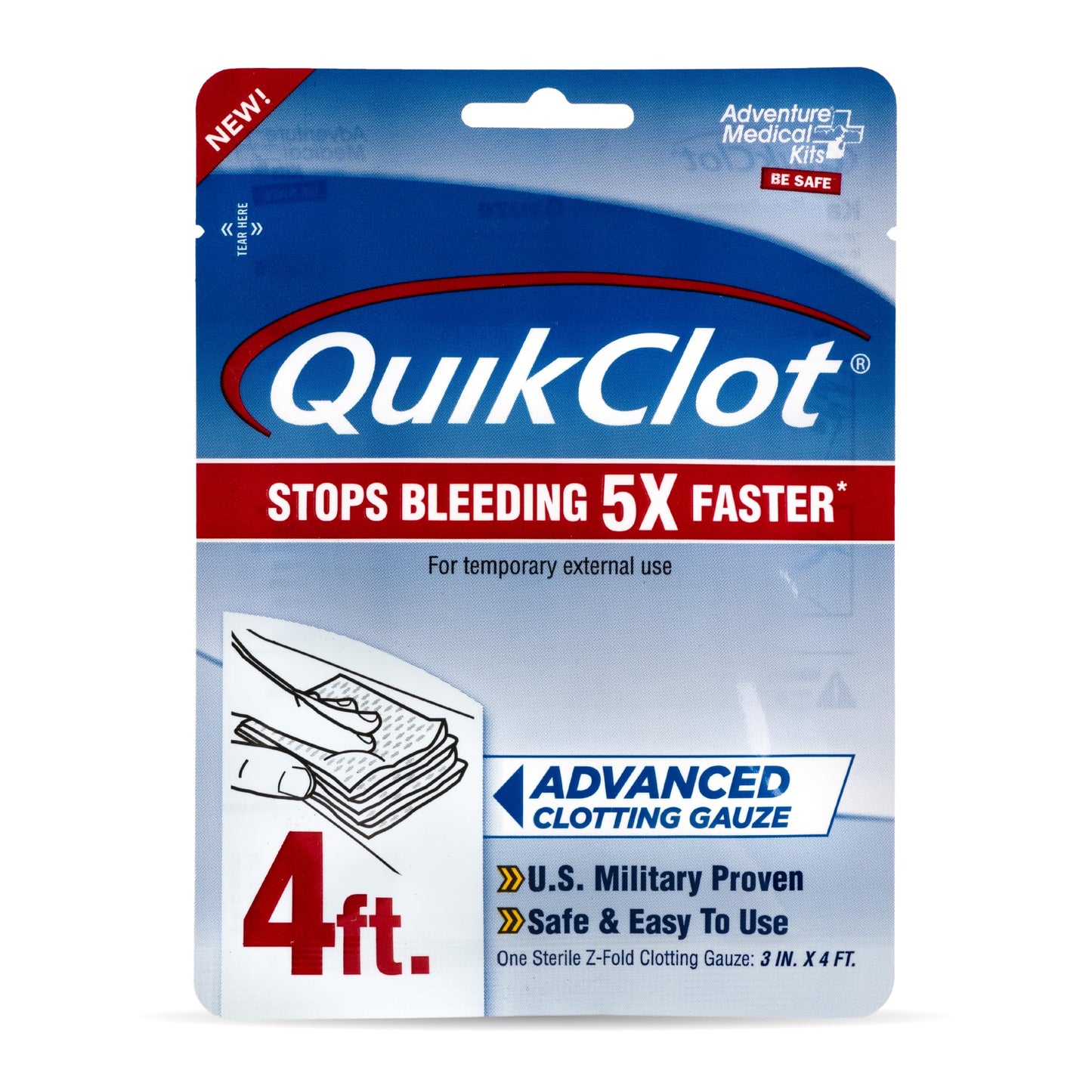 Adventure Medical Kits QuikClot Gauze - Gauze for Emergency Survival Kit, Doomsday Prepping Supplies & More - Stops Bleeding Fast with Kaolin - Flexible Hemostatic Medical Gauze - 3" x 48"