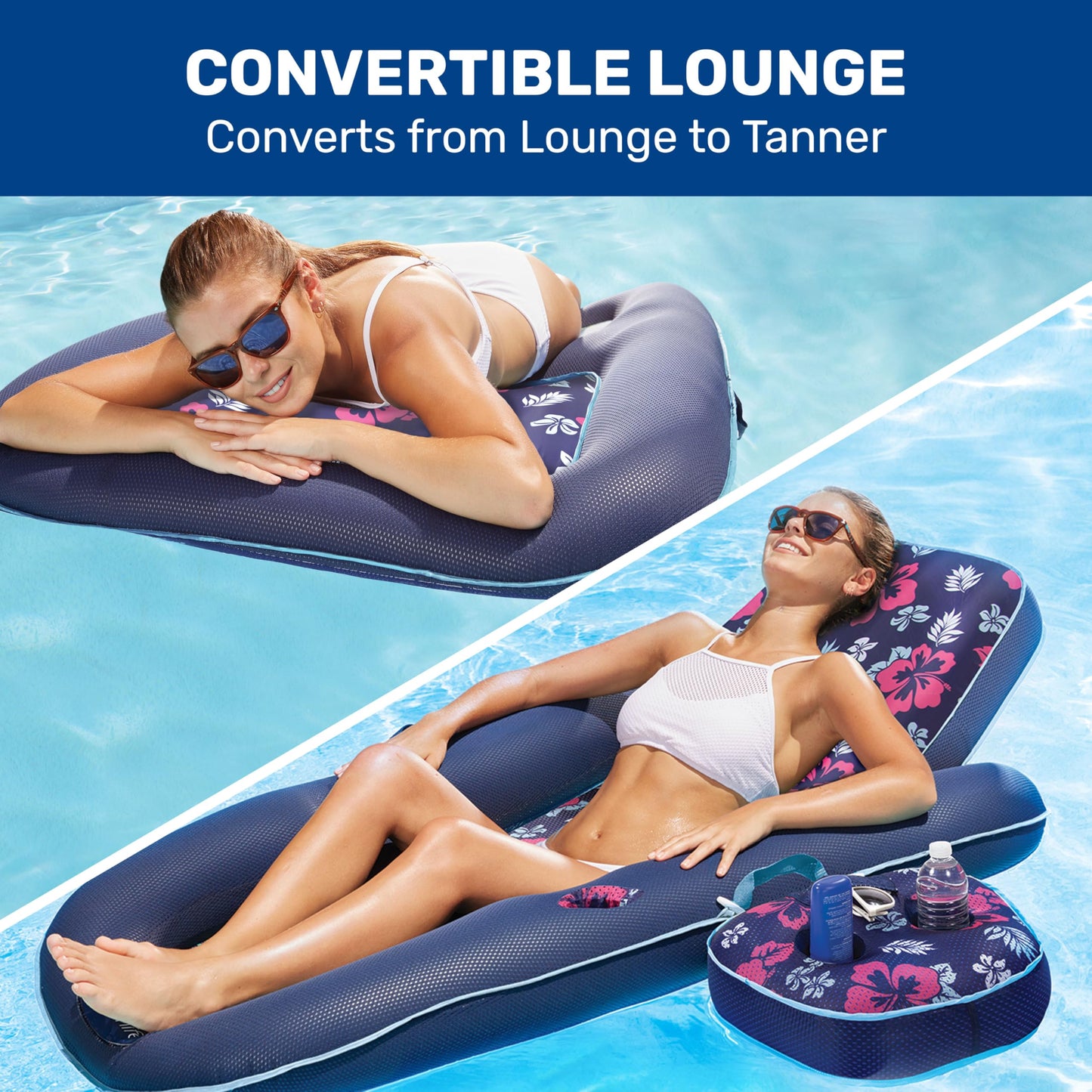 Aqua Campania Ultimate 2-in-1 Pool Float Lounge – Extra Large – Inflatable Pool Floats for Adults with Adjustable Backrest & Cupholder Caddy – Navy Hibiscus