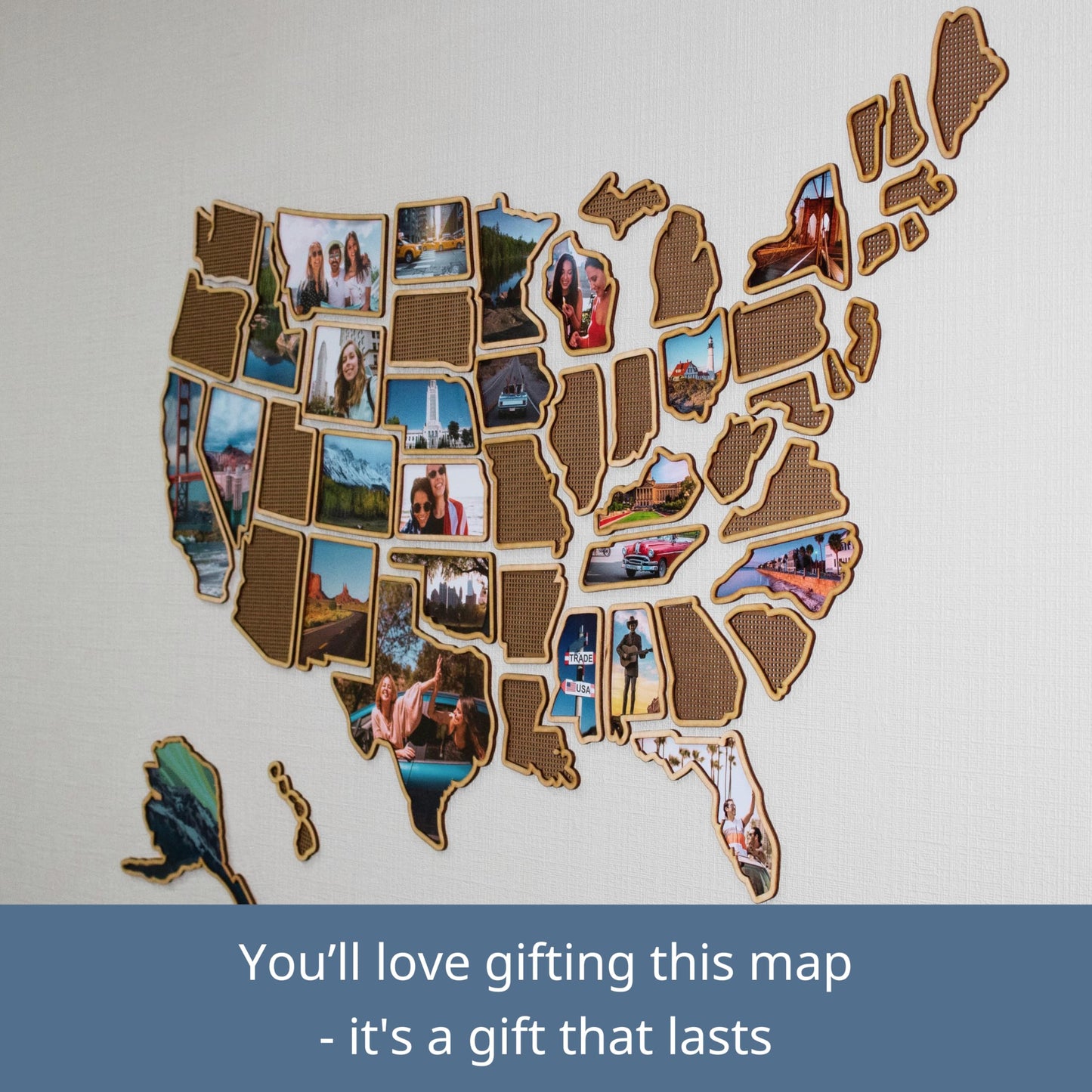 1DEA.me 3D Wooden USA Photo & Cross Stitch Wall Map - 3 in 1 - Includes Secure Photo Maker - 26 x 40 in - Easy to Use, Built to Last and Uniquely Yours