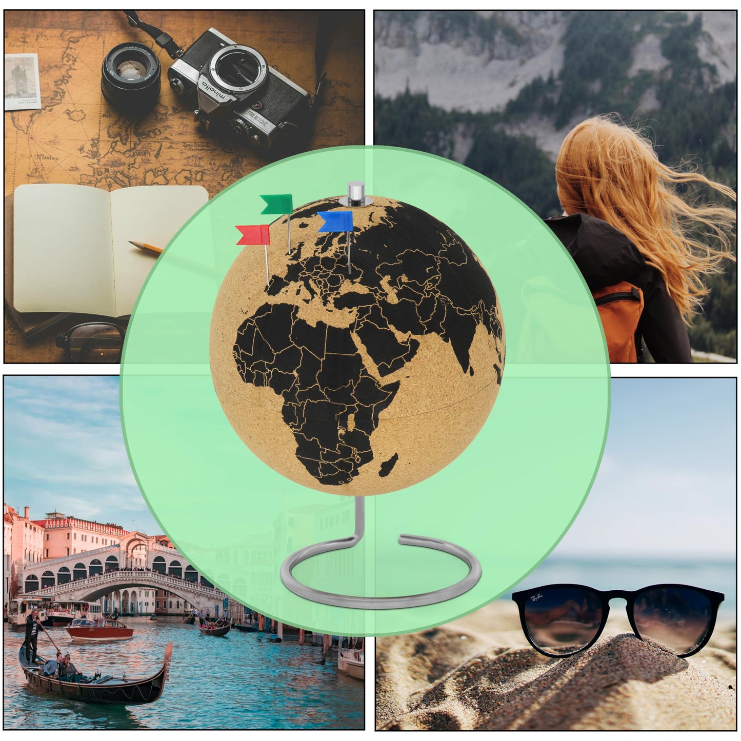 Vaudagio Beautiful Cork Globe with 102 Different Push Pins - Spinning Travel Globe 26cm / 10 inch High Made of Cork with Pin – as Travel Map & Gift Idea for Globetrotters