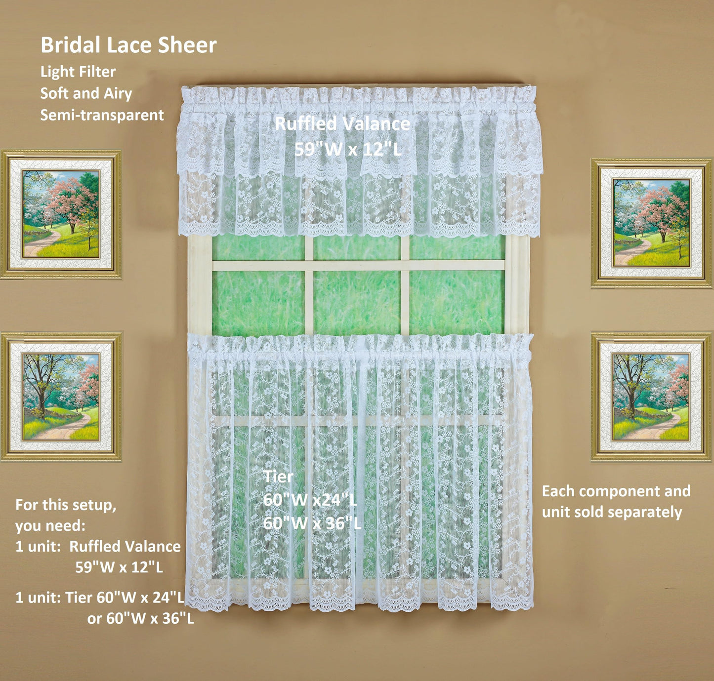 Today's Curtain, Priscilla Lace Bridal Ruffled Pair 63", White, 5-Piece-Set, 130" W x 63" L