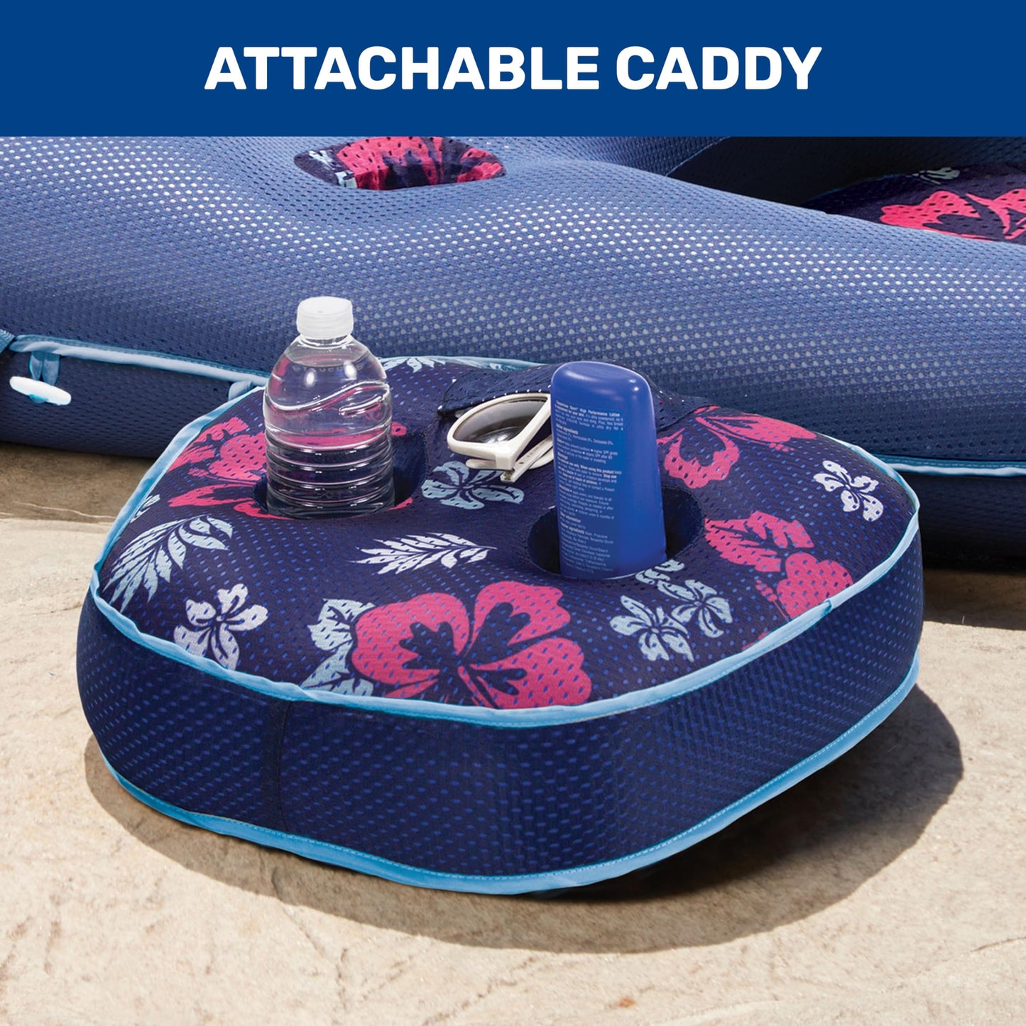 Aqua Campania Ultimate 2-in-1 Pool Float Lounge – Extra Large – Inflatable Pool Floats for Adults with Adjustable Backrest & Cupholder Caddy – Navy Hibiscus