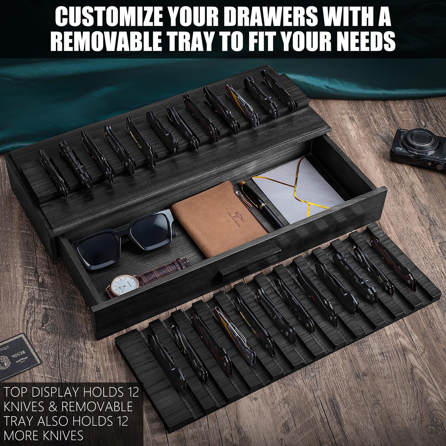 Large Black Pocket Knife Display Case – Wooden Pocket Knife Case Box for 24 Knives with Sturdy Clear Cover – Large Knife Storage Organizer and Knife Cases for Collections with EDC Drawer, Knife Box
