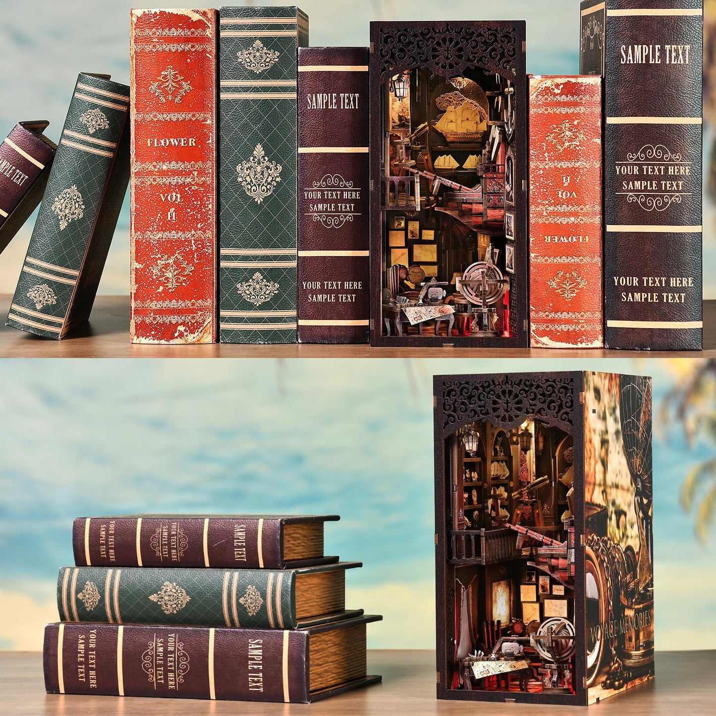 TOYQI Book Nook Kit, Book Nook Kits for Adults, DIY Miniature Dollhouse Kit 3D Wooden Puzzle Booknook Bookend with LED Light