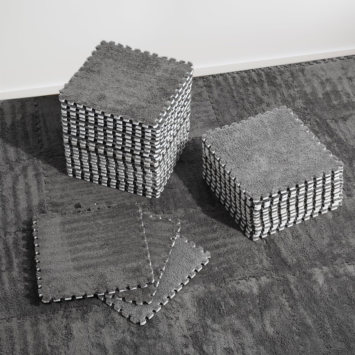 36 Pcs Plush Interlocking Carpet Tiles, Non-Toxic Shaggy Foam Carpet Tiles for Toddler Baby, Machine-Washable, Anti-Slip, EVA Foam Interlocking Tiles for Floor, Nursery, Playroom, Grey