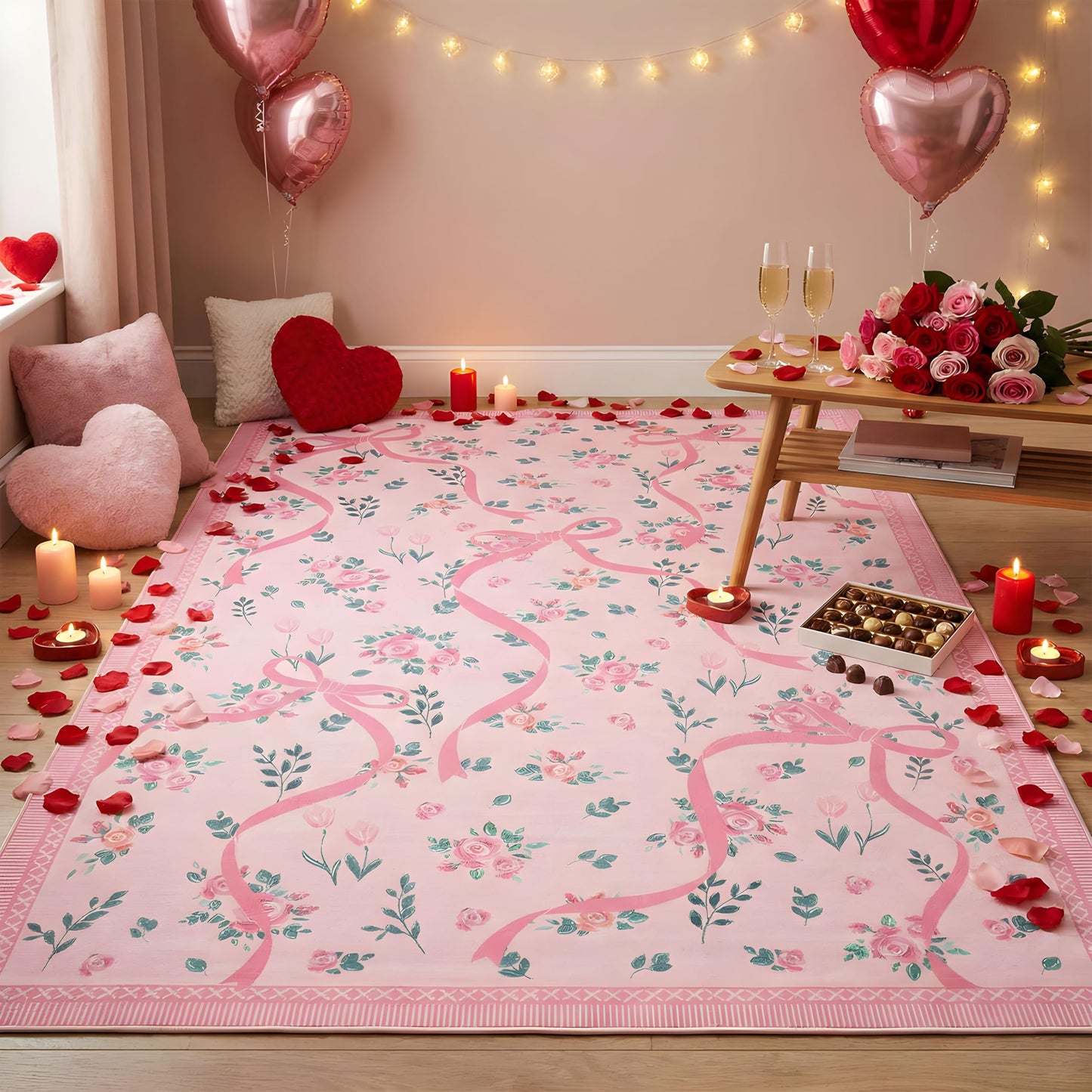 GarveeHome Coquette Pink Bow Rugs for Bedroom Girls, 5x7 Area Rugs for Living Room with Soft Low Pile, Non Slip Floral Washable Rug 5x7 for Nursery Kids Playroom Dining Room College Dorm Girl Rug