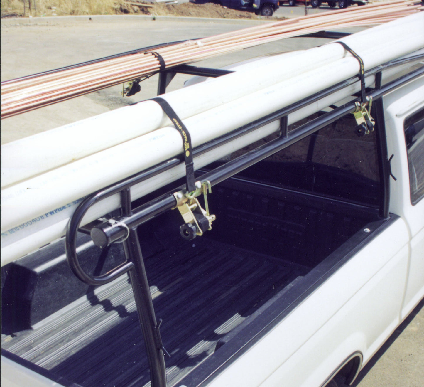 2 Pack, Rack-Strap, The Original American Made Ladder Rack Tie-Downs, Round Mounting Bracket, RS4 Gold 1-5/8 Inch Diameter Round Mounting Bracket, Bolt Mounting Hardware Included, 8 Foot Black Strap