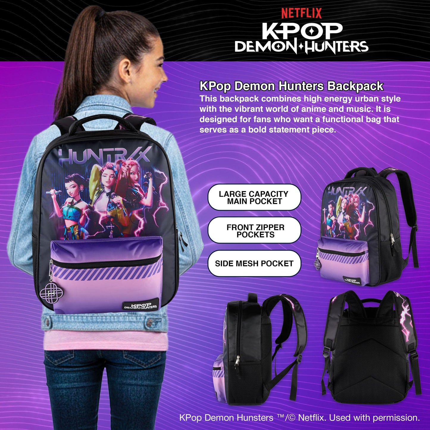 AI ACCESSORY INNOVATIONS K-Pop Demon Hunters Huntrix 16” Backpack for Girls, Featuring Rumi, Zoey, Mira, Rubber Molded Bag Charm, Huntrix