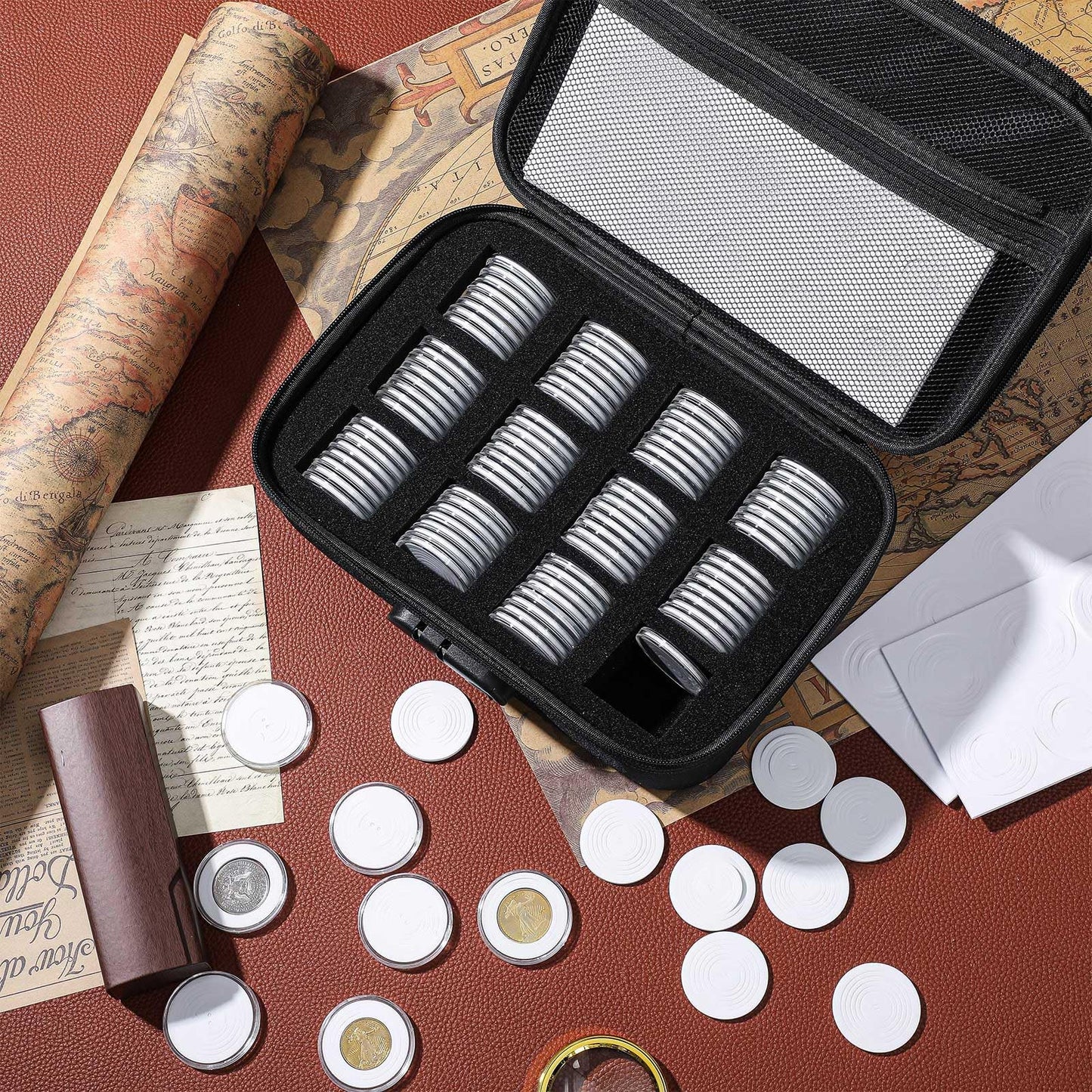 Affrolling Fireproof and Waterproof Coin Storage Box 96 Pcs 46 mm Coin Holder for Collectors Capsule Case with Lock with 196 Pcs 10 Size Gaskets for Dime Cent Nickel Quarter Silver Dollar(Black)