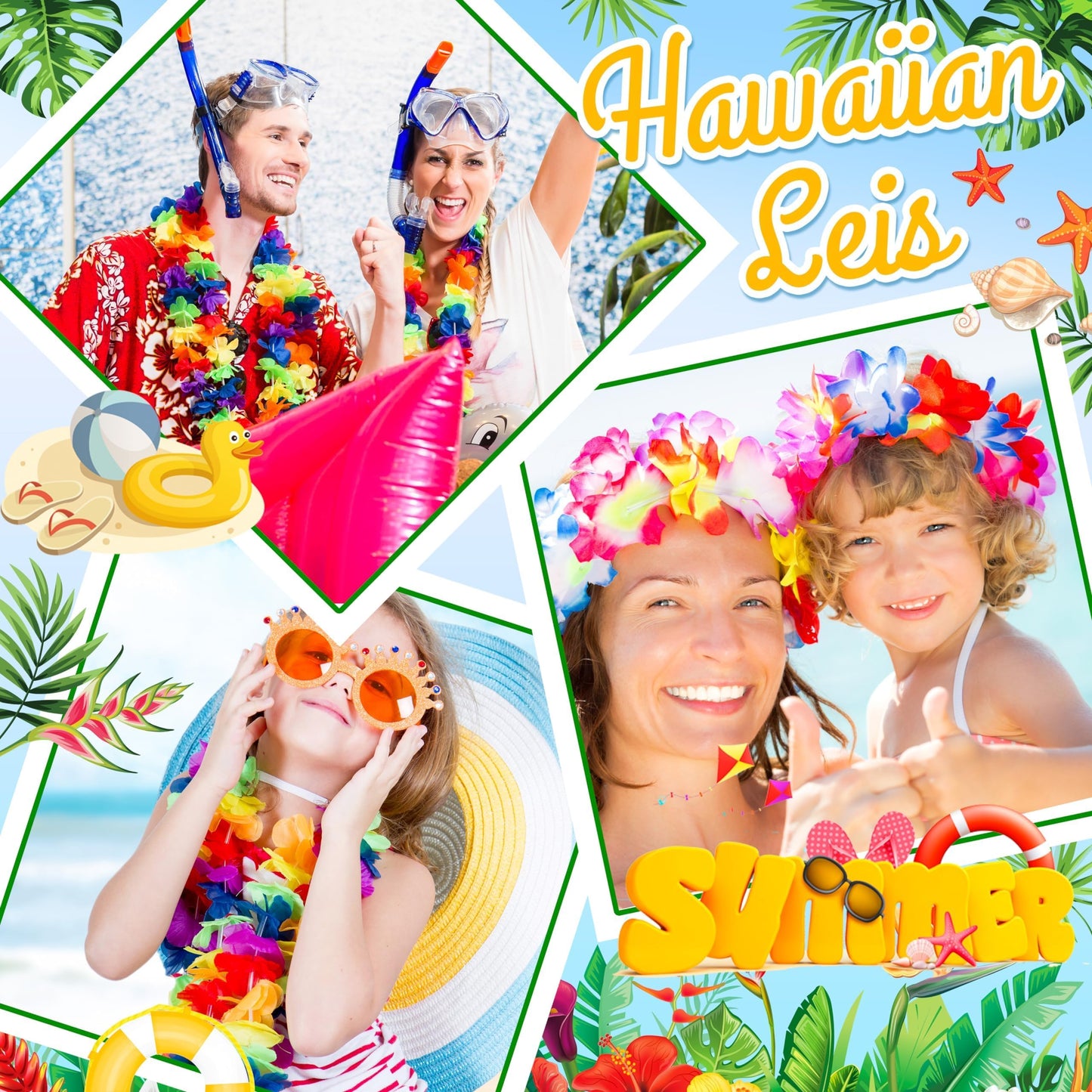 AMAZING TIME 200 Count Hawaiian Lei Bulk, Tropical Luau Hawaii Theme Silk Flower Necklace, Party Favors for Beach Holiday Wedding Birthday Party, Aloha Summer Party Decorations