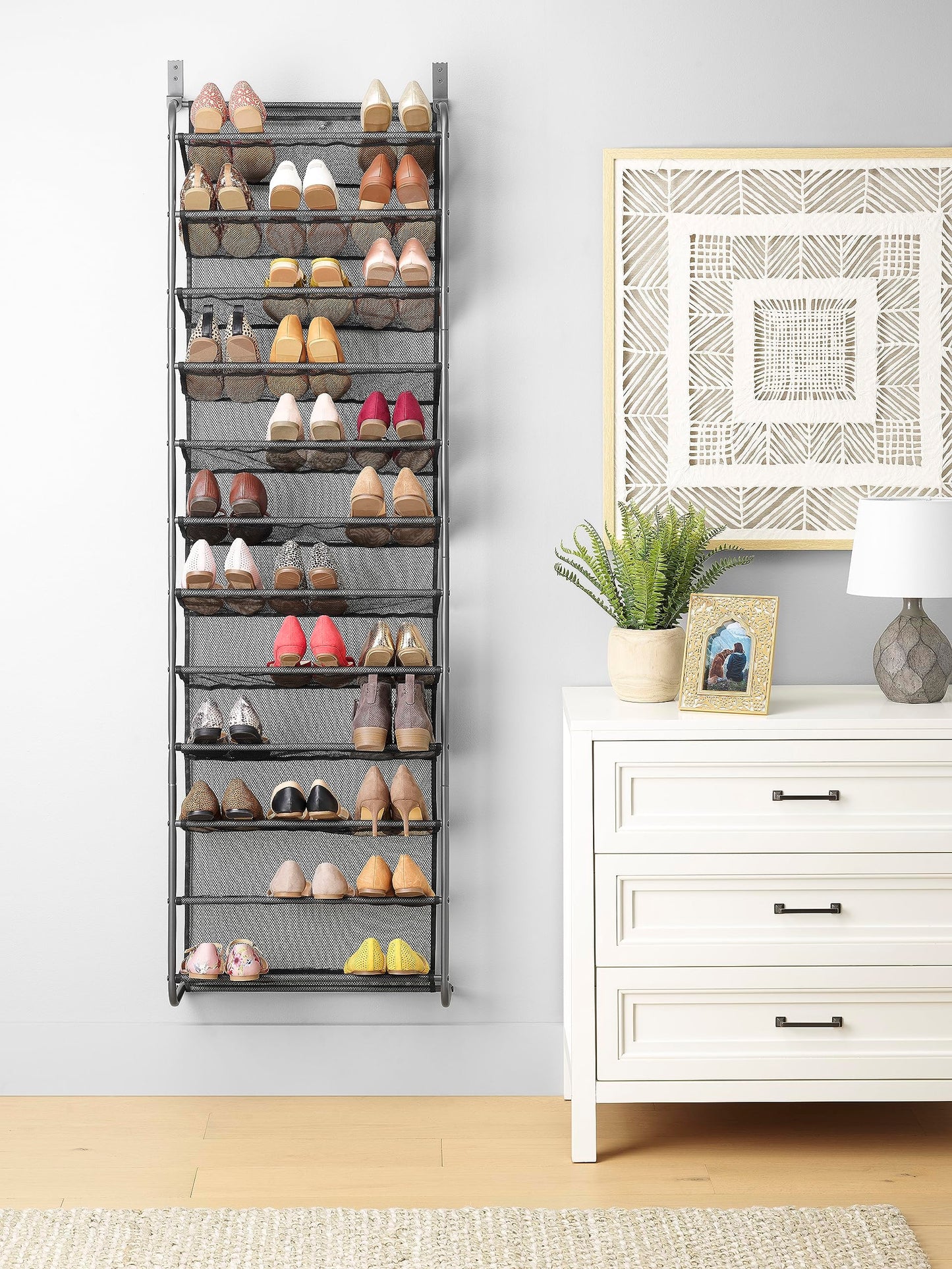 Whitmor 36 Pair Over the Door Shoe Rack, 12 Tier Hanging Shoe Organizer, Heavy Duty Metal & Mesh Shoe Holder, Hanging Shoe Rack for Closet Organizer & Storage, 74"L x 21.7"W x 7.5"H, White