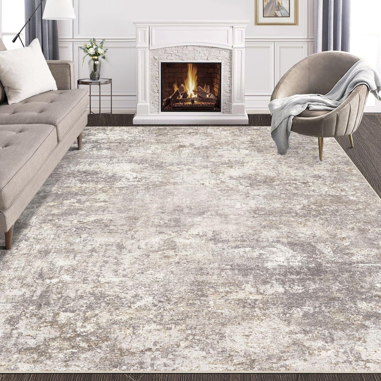 Area Rug Living Room Rugs - 9x12 Abstract Large Soft Indoor Washable Rug Neutral Modern Low Pile Carpet for Bedroom Dining Room Farmhouse Home Office - Brown