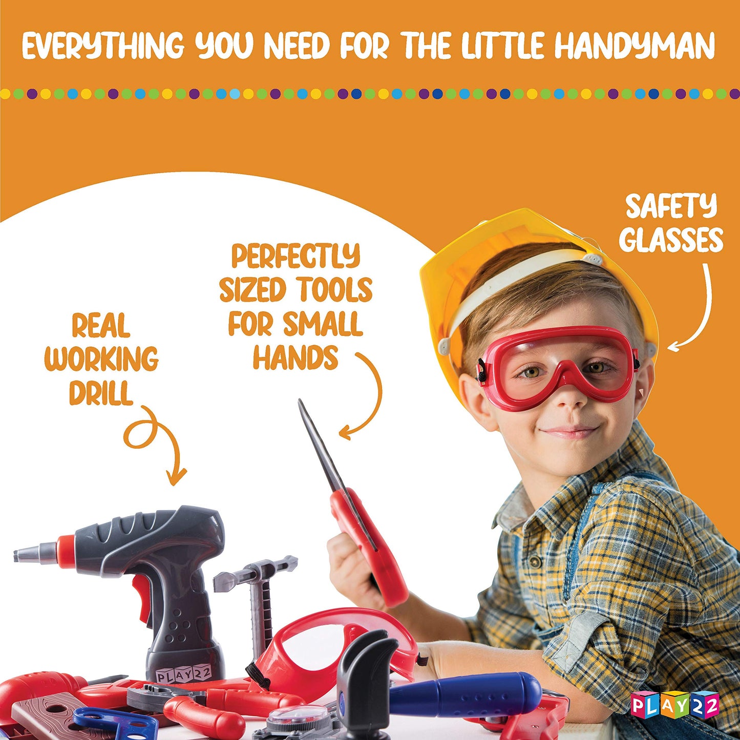 Play22 Kids Tool Workbench 76 Set - Kids Tool Set with Electronic Play Drill - STAM Educational Pretend Play Construction Workshop Tool Bench - Pretend Play Tool Set Build Your Own Kids Tool Box