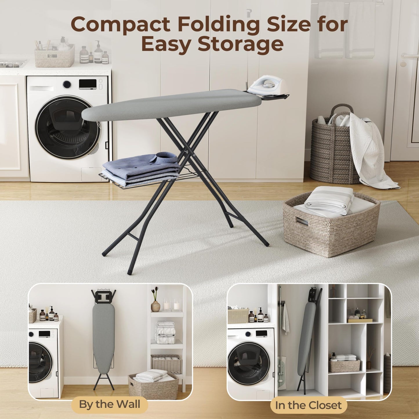 Yaheetech Ironing Board, Compact Heavy Duty Iron Board with Cord Holder, Steam Iron Rest and Bottom Storage Tray, 9 Adjustable Heights & 3 Layer Cover, 52X14 Gray