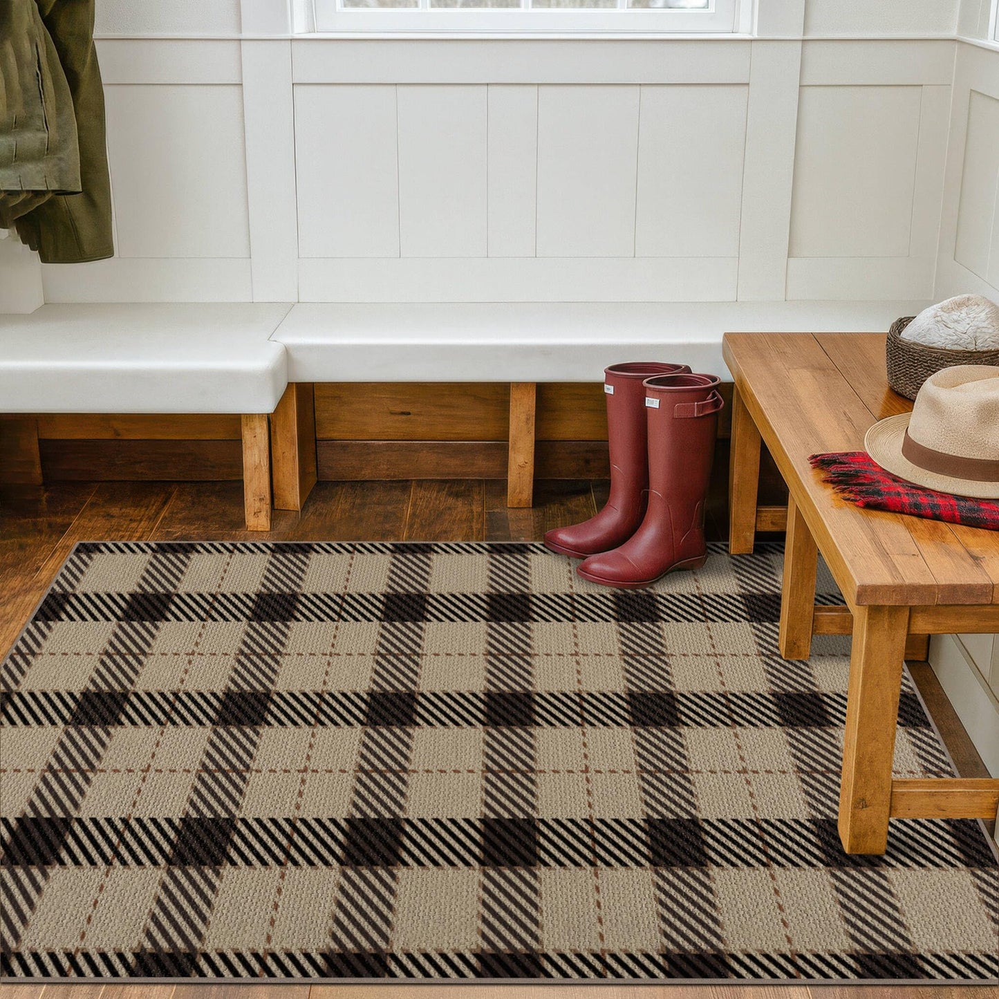 Washable Plaid Indoor Outdoor Rug 3x5 for Front Porch, Entryway, Patio, No Shed Easy Jute Non Slip TPR Backing Area Rug for Large Kitchen, Farmhouse Black & Tan Checkered Seagrass Aesthetic