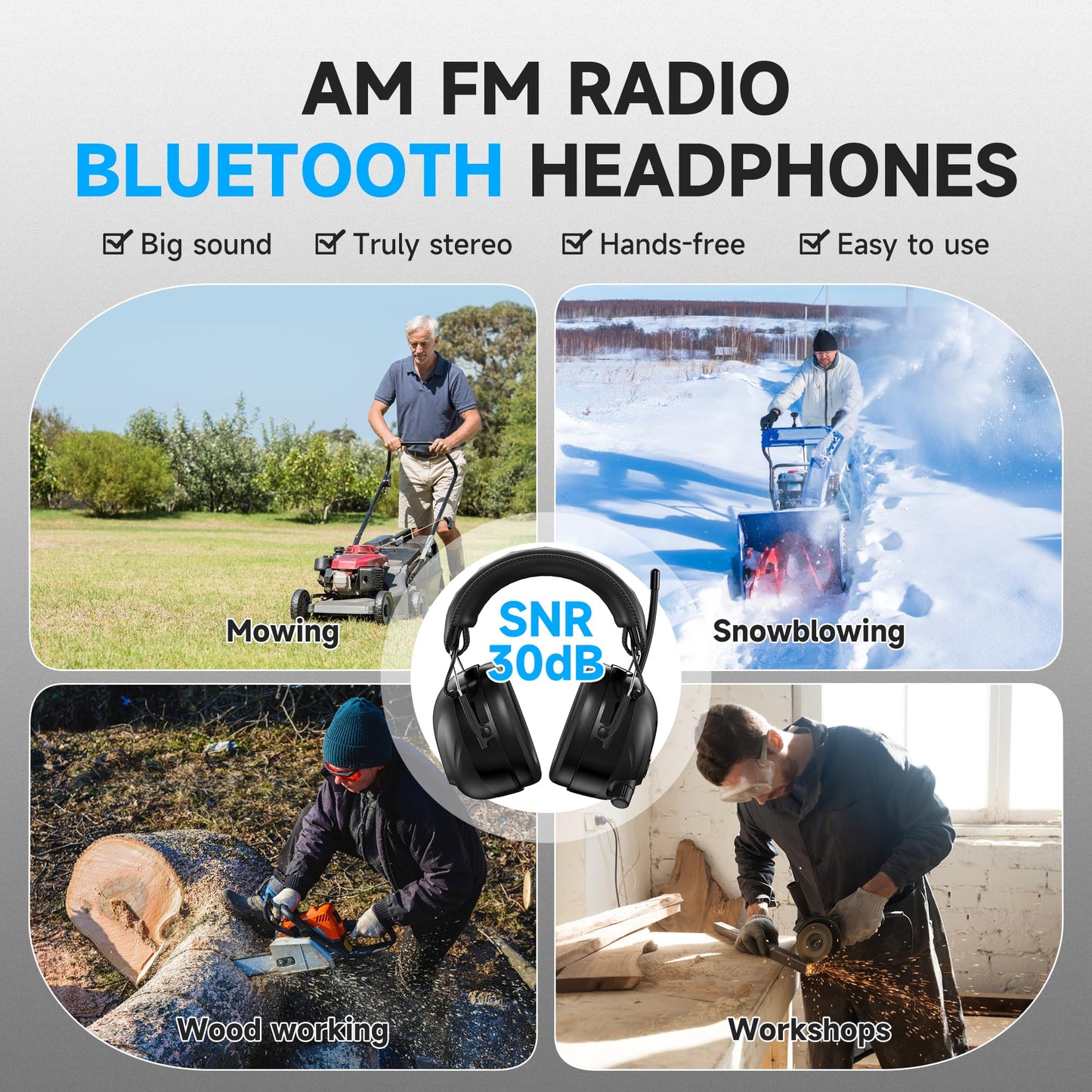 2025 Bluetooth 5.4 AM/FM Radio Ear Protection Headphones with Backlit Digital Display/Mic, 120H Working Time, Rechargeable, 30dB Noise Reduction Safety Earmuffs for Lawn Mowing, Workshop - Black