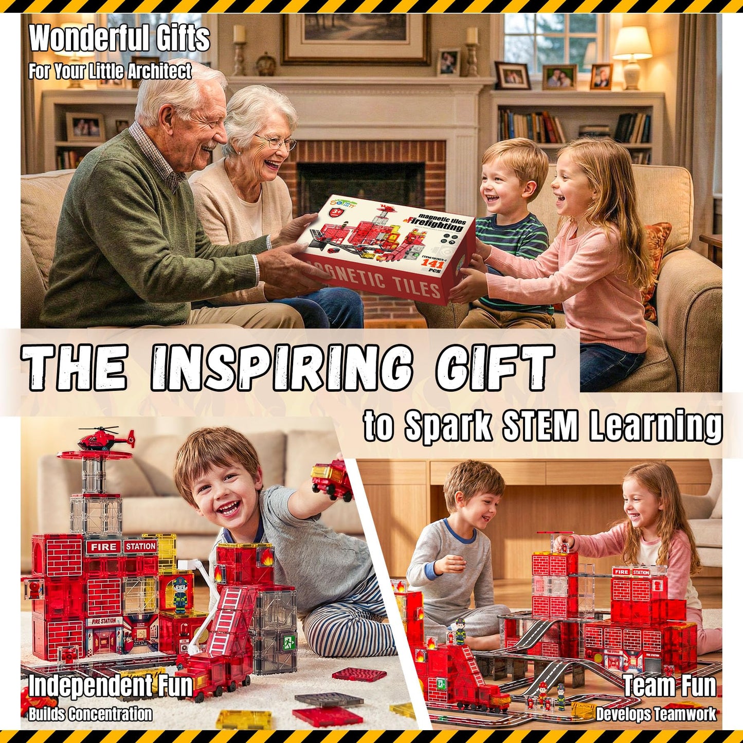 141 Pcs Magnetic Tiles for Kids, Fire Rescue Themed Magnetic Tiles with Fire Station and Fire Rescue Vehicles, STEM Magnetic Tiles for Kids Ages 4-8