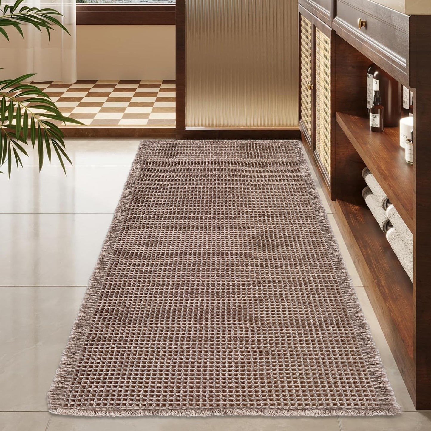 ZALL Tan Waffle Bath Mat,Super Absorbent Non Slip Bathroom Rug,Brown 24x48inch,Machine Washable Ultra Soft Floor Mats