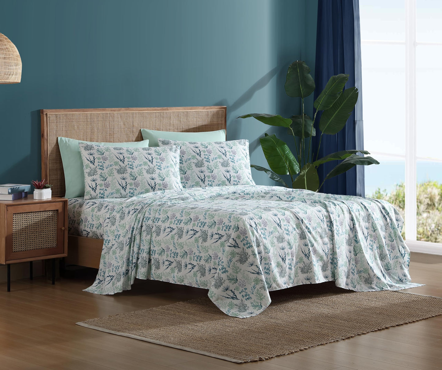 Caribbean Joe 6-Piece Sheet Set with Cooling Pillowcases, 12-inch Deep Pockets, Tropical Beach Coastal Design, King, Ariel