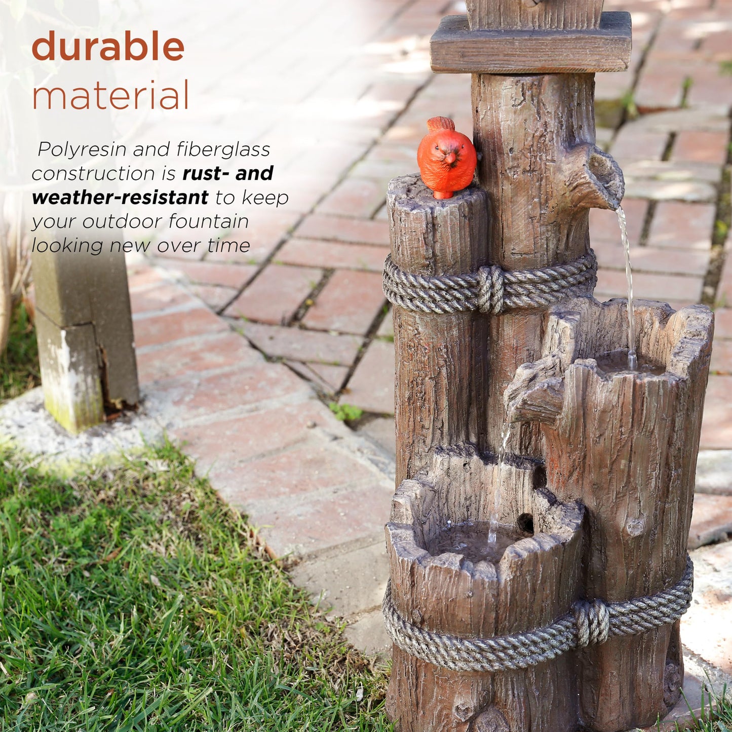 Alpine Corporation WCT1002 35" Tall Outdoor 3-Tier Birdhouse Water Fountain with Cardinal Accent, Rustic Floor Decor for Garden and Patio, Brown