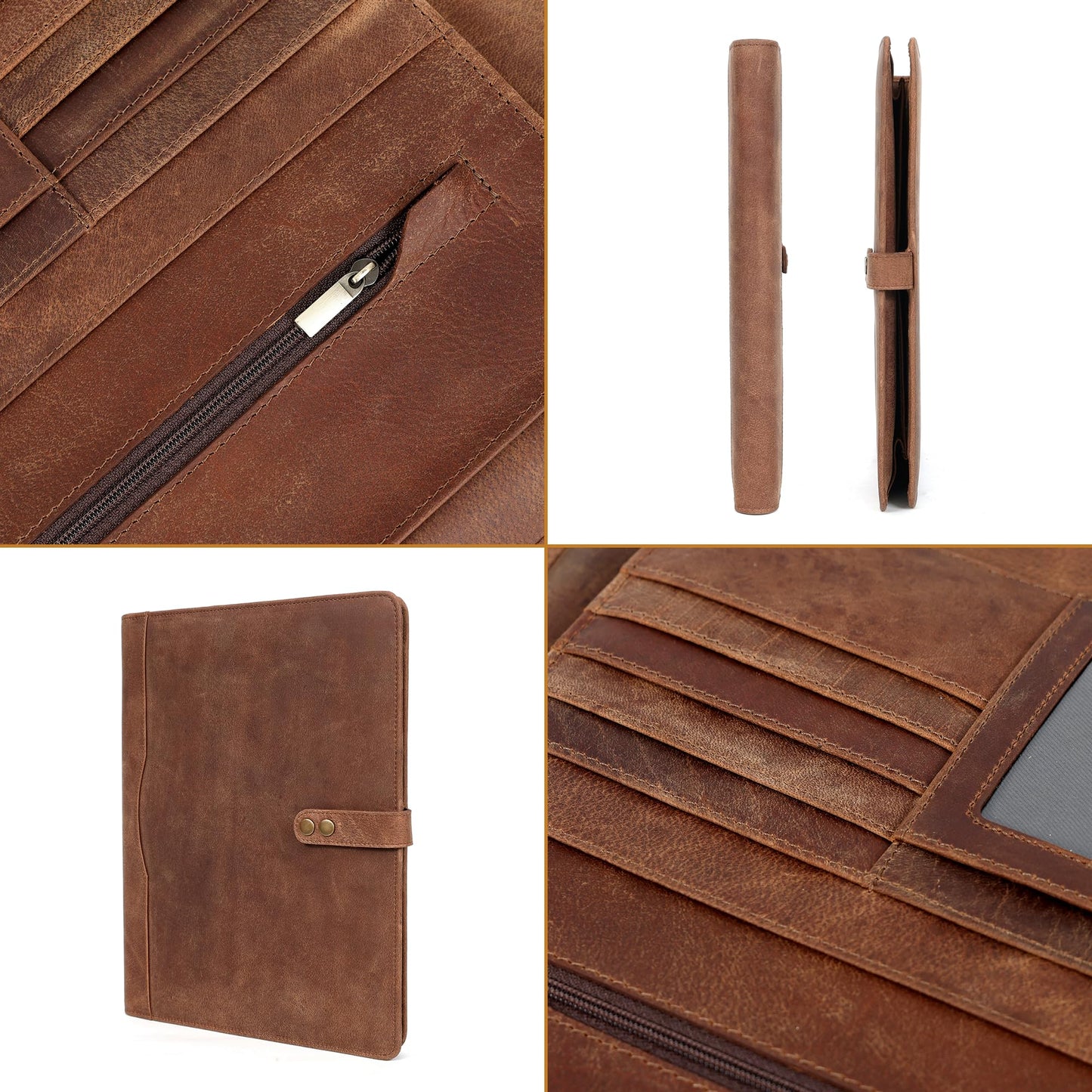 ELIZO Leather Portfolio Padfolio Leather Binder Folder for Men and Women Professional Business Portfolio Organizer Men and Women Saddle Letter Strap