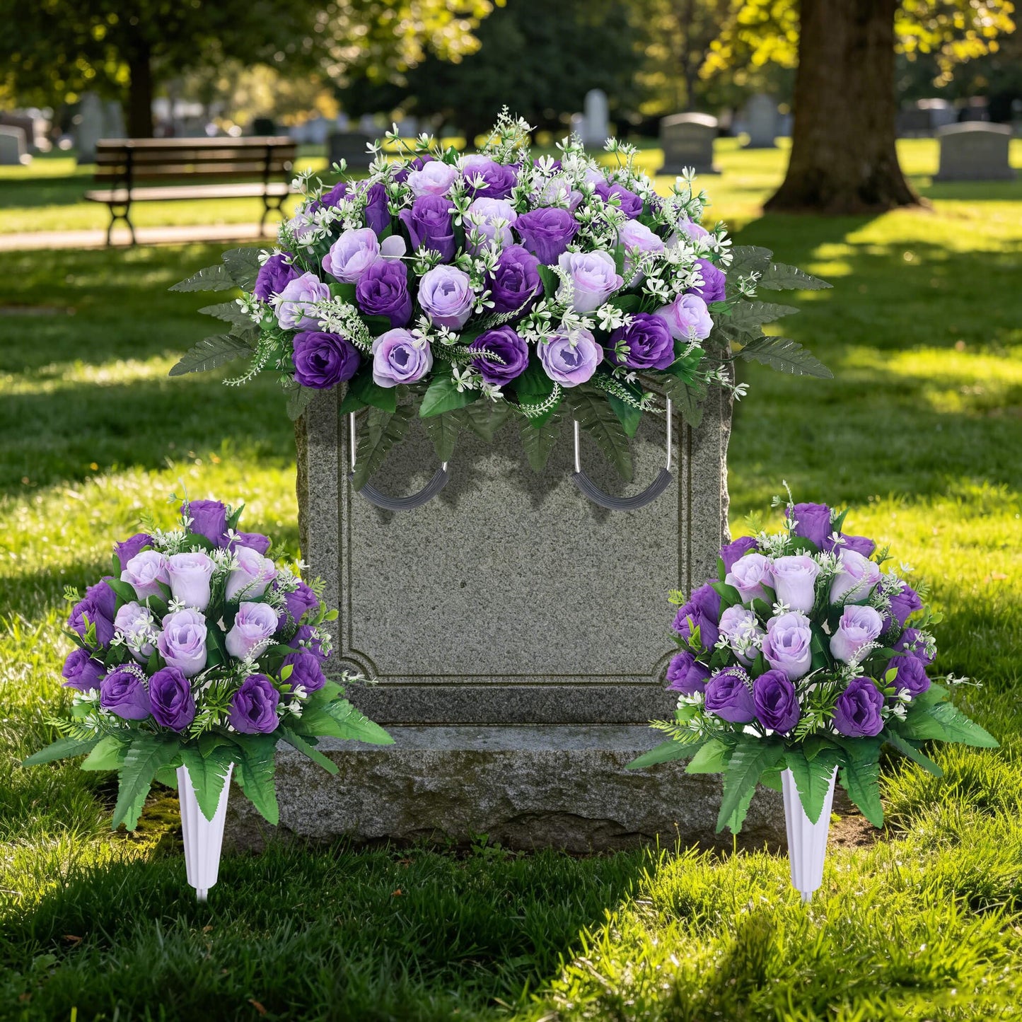 Lodou 3 Sets Cemetery Flowers for Grave,Headstone Flower Saddle,Grave Memorial Flowers with Vase for Cemetery Headstones Decoration(Purple)