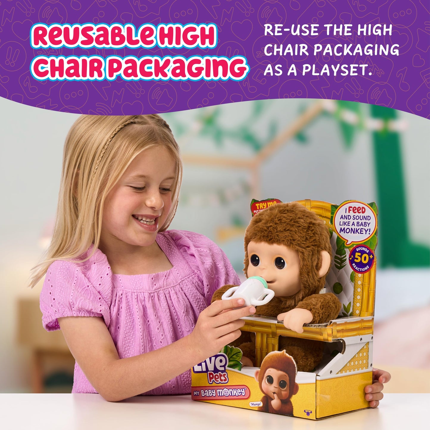 Little Live Pets My Baby Monkey - Adorable pet Monkey with Over 50 Sounds & Reactions. Expressive Moving Mouth. Mango Sucks his Thumb, Feeds from his Bottle, & Hangs from his Hands & feet!