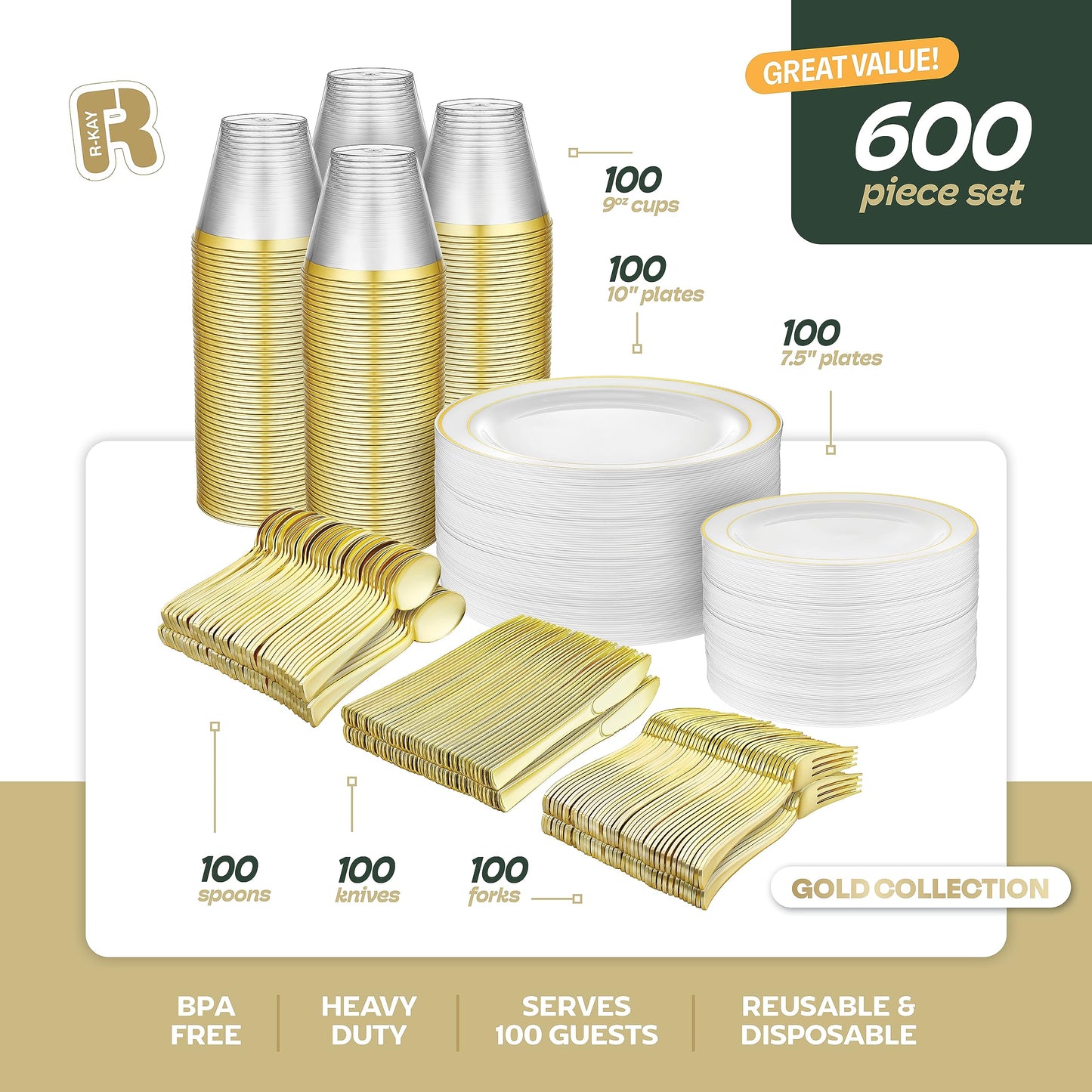 600pcs Plastic Dinnerware Set 100 Guest, Gold Plastic plates for party, Gold Party Plates Sets For 100 Guests, Wedding Plates Disposable Set Includes Also Cups, And Cutlery.