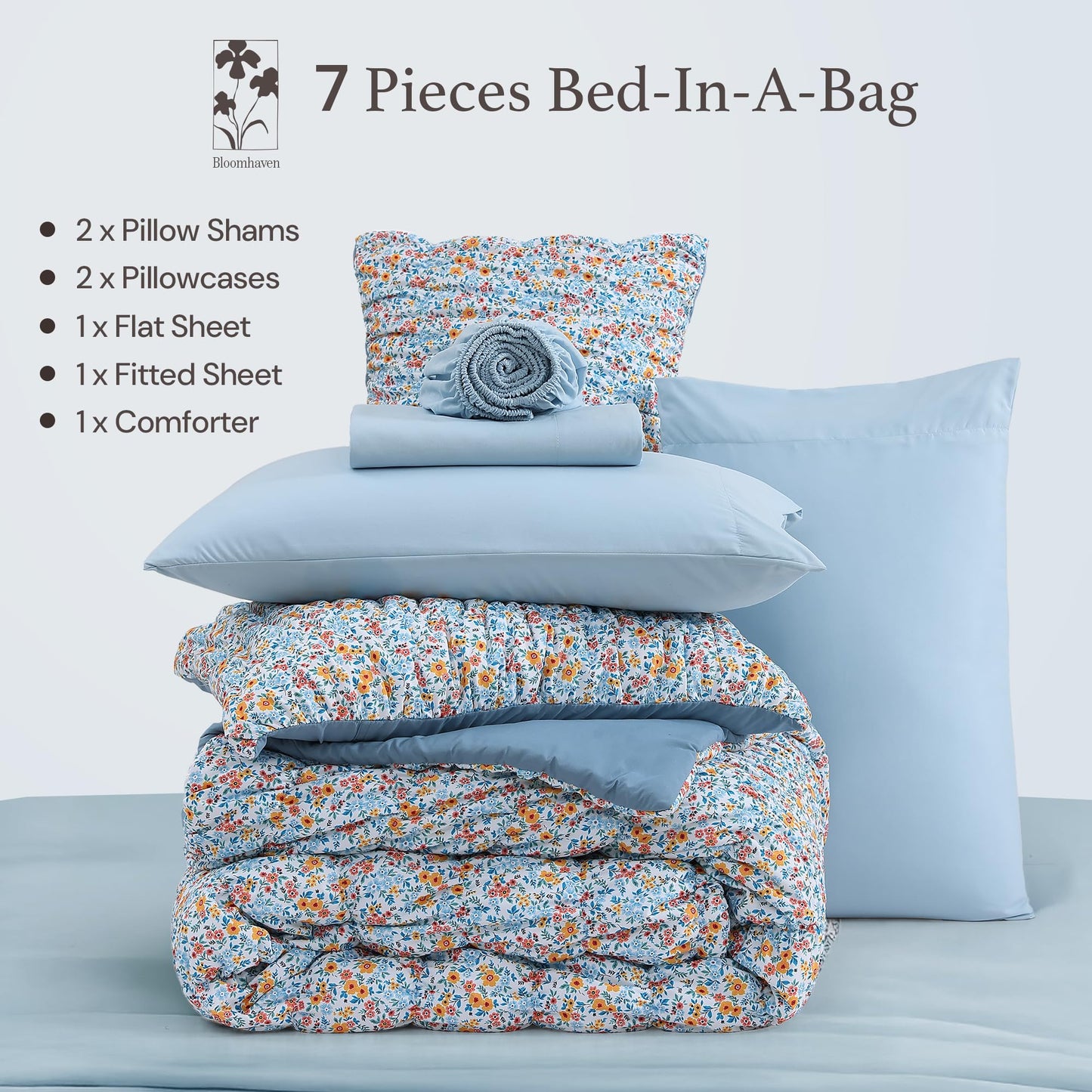 BLOOMHAVEN Full Size Comforter Sets-7 Pieces Puff Marigold Blue Floral Bedding Set for All Seasons, Shabby Chic Farmhouse Bed in a Bag Full with Floral Comforter, Sheets, Pillowcases & Shams