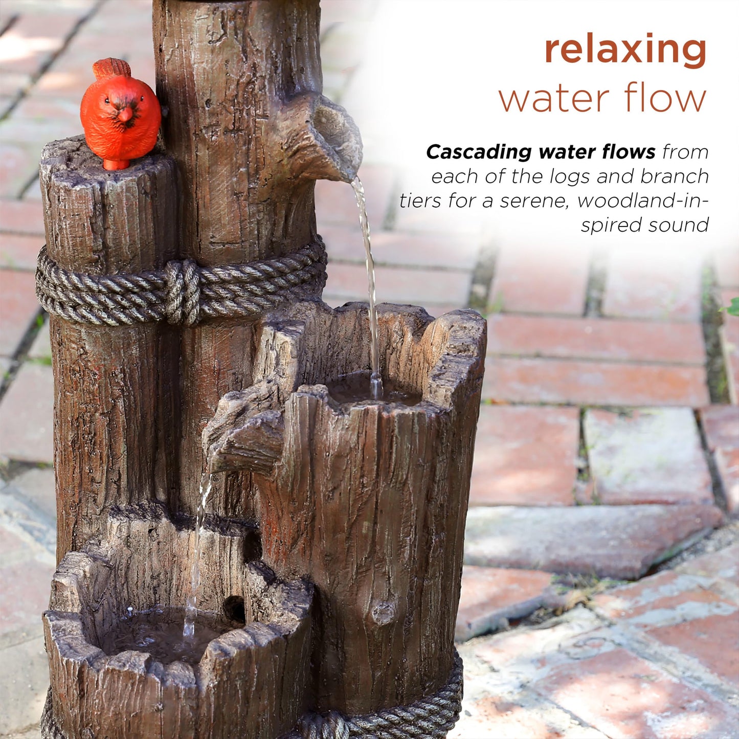 Alpine Corporation WCT1002 35" Tall Outdoor 3-Tier Birdhouse Water Fountain with Cardinal Accent, Rustic Floor Decor for Garden and Patio, Brown