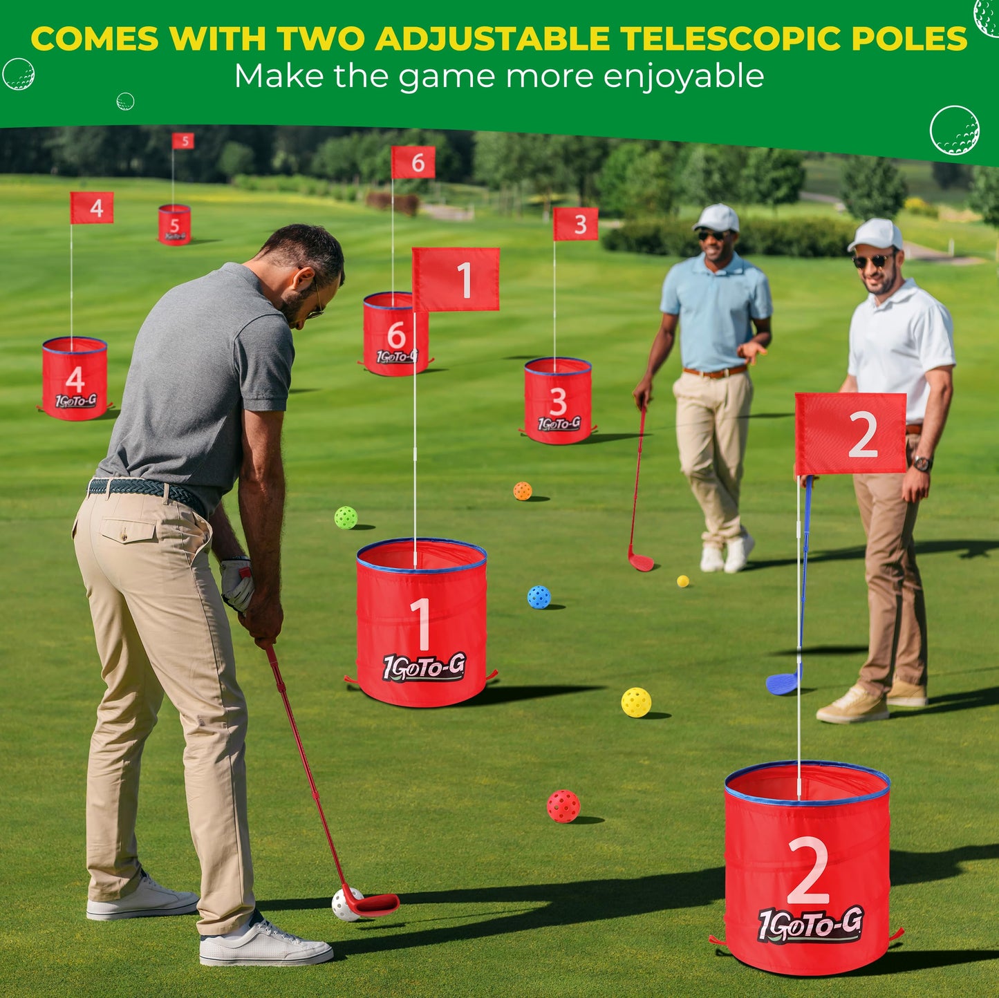 1GoTo-G Golf Bucket Game, Backyard Golf Game for Kids and Adults - Portable 9 Holes Golf Course Play Outdoor, Lawn, Park, Beach, Yard, Camping with Club.