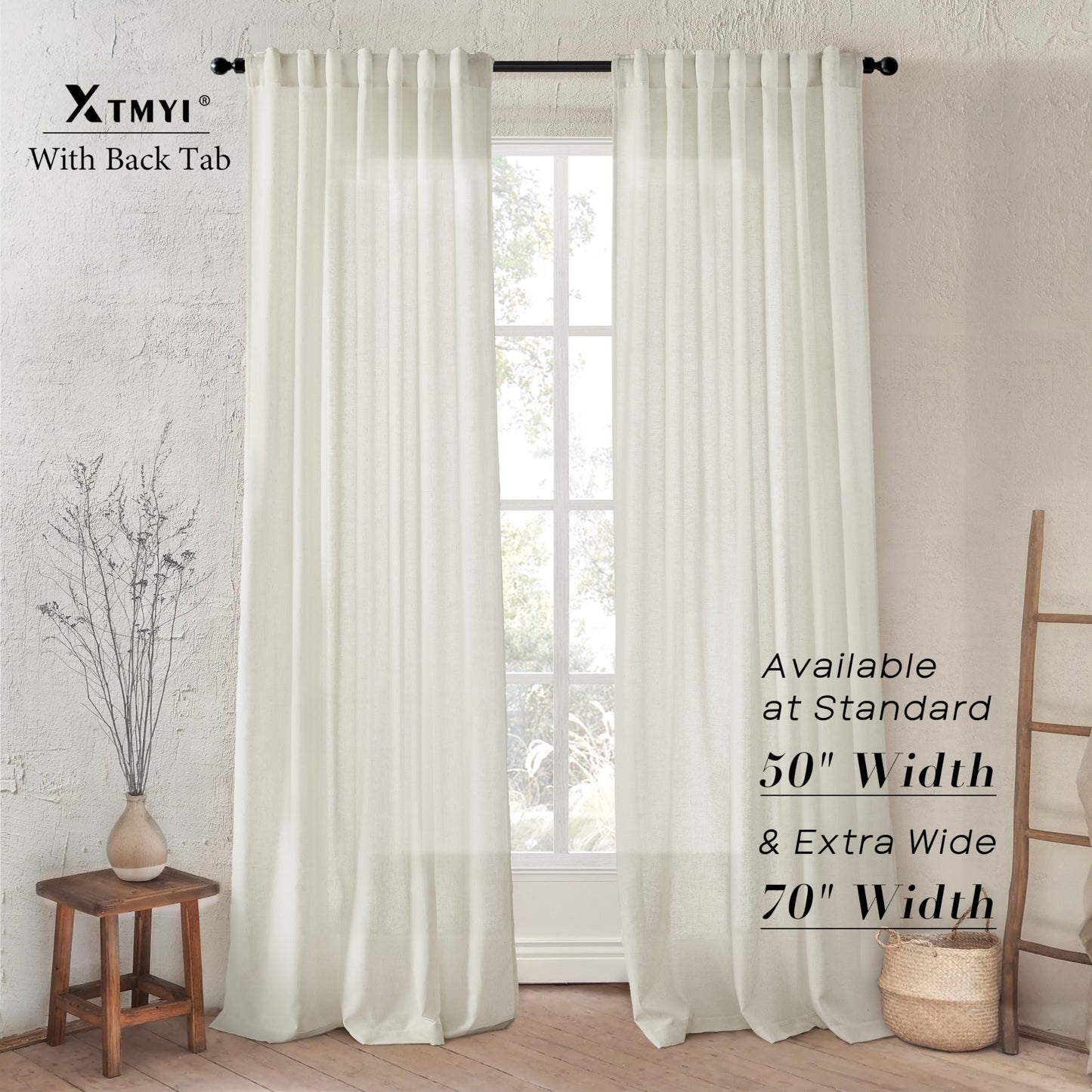 108 Inch Linen Curtains 2 Panels,With Heading Tape Hooks for Track System Back Tab,Stone Washed Cotton Flax Weave Sheer Extra Long Curtain for Living Room Bedroom,9FT 9 FT,Cream(Ivory/Off White)