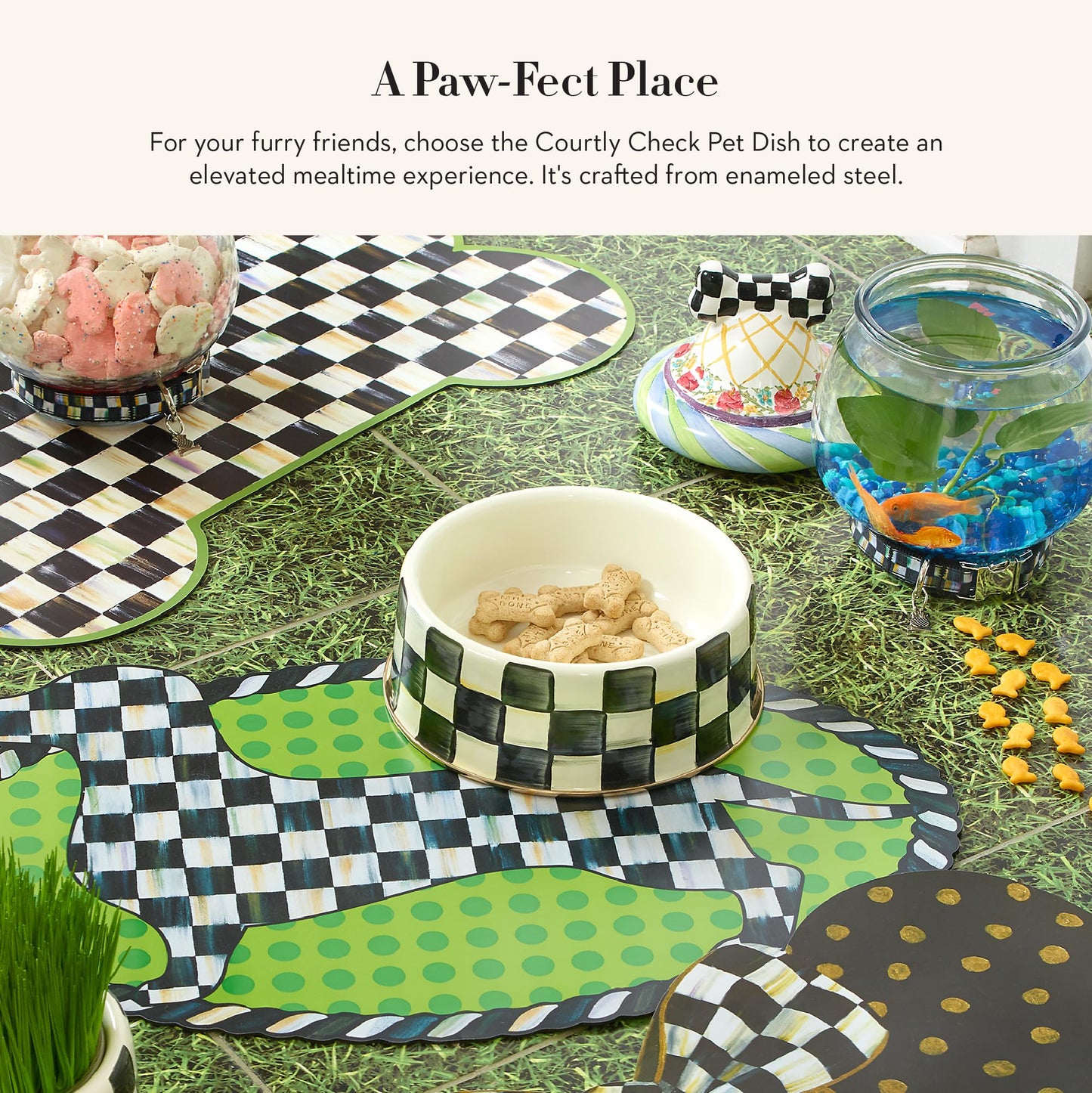 MACKENZIE-CHILDS Pet Bowl, Cute Cat and Dog Bowl for Food and Water, Black-and-White Courtly Check, Medium