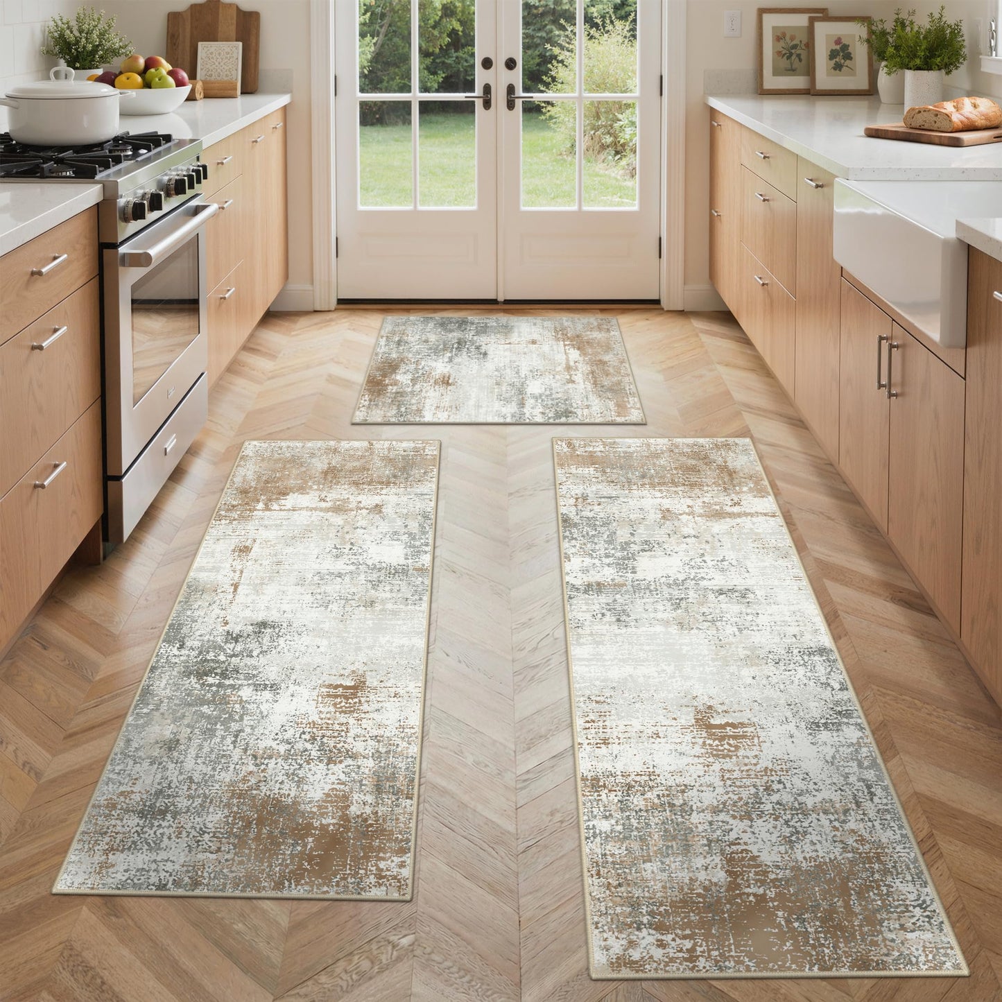 GENIMO Kitchen Rug Sets of 3, Non-Slip Washable Low-Pile Kitchen Mats for Floor, Waterproof Abstract Kitchen Runner Rug, Floor Mat Carpet for Hallway, Laundry, Sink, Entryway, Bathroom, Gold