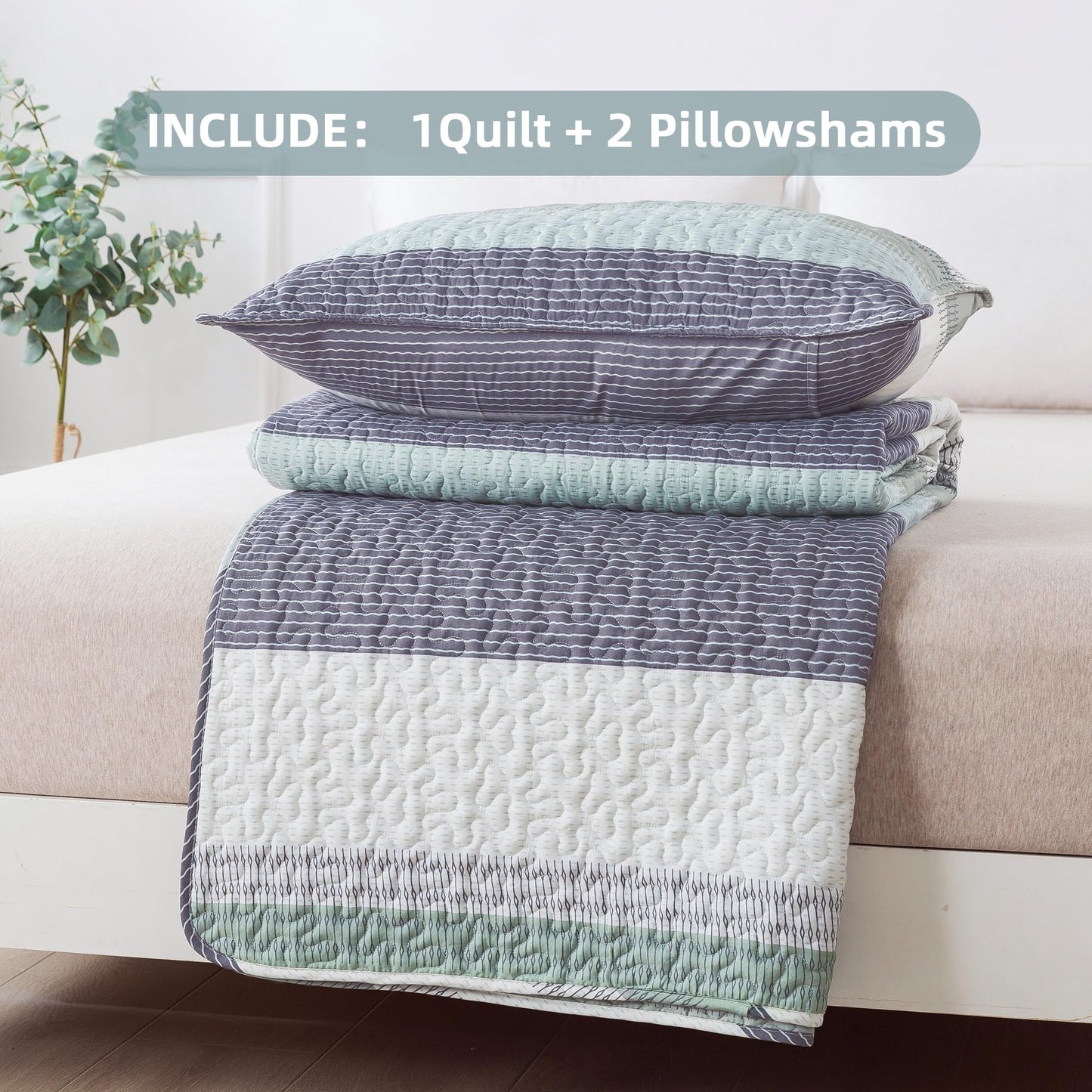 Andency King Size Quilt Set Sage Green, 3 Pieces Mint Green Ultra Soft Lightweight Bedspreads & Coverlets Set, Patchwork Striped Quilted Bedding Sets for All Seasons (1 Quilt, 2 Pillow Shams)