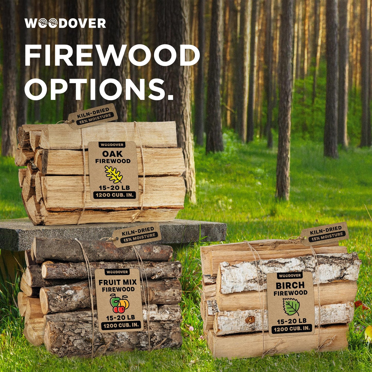 15" Apple & Cherry Firewood Logs with Fire Starters Set - Kiln-Dried Firewood for Fire Pit, Seasoned Wood for Fireplace, Campfire & Pizza Oven - Split Wood for Solo Stove - 1200 cu. in., 15-20lb