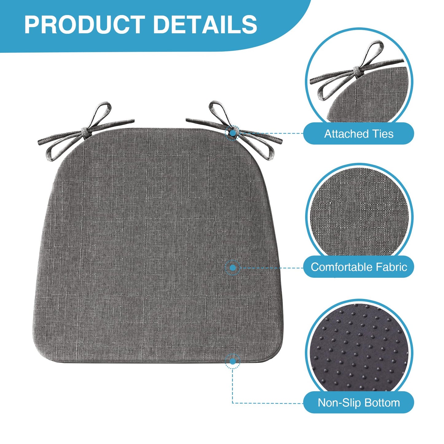 IASEAHK Chair Cushions for Dining Chairs Set of 6, Non Slip Kitchen Chair Pads, 17" x 16" x 2", Indoor Dining Chair Cushions with Ties, Seat Cushion for Kitchen Chairs, Chair Pads, Dark Grey