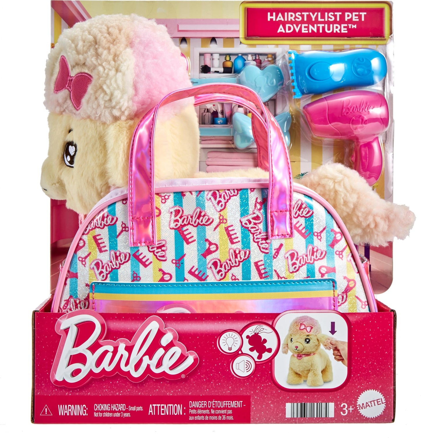 Mattel Barbie Salon Pet Adventure Plush Poodle with Themed Bag and Accessories, Toy +3 Years (HPJ43)