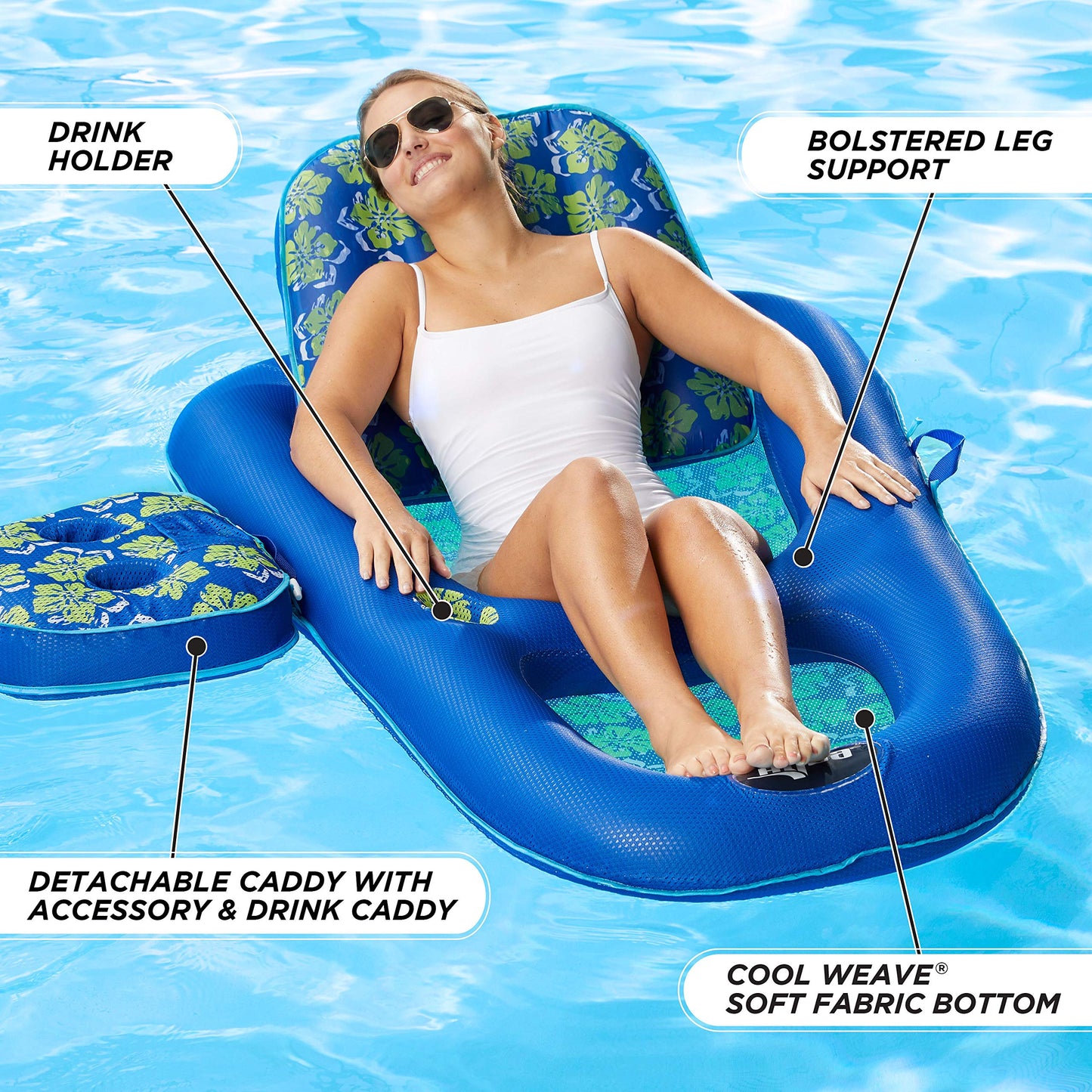 Aqua Campania Ultimate 2-in-1 Pool Float Lounge – Extra Large – Inflatable Pool Floats for Adults with Adjustable Backrest & Cupholder Caddy – Royal/Lime Hibiscus