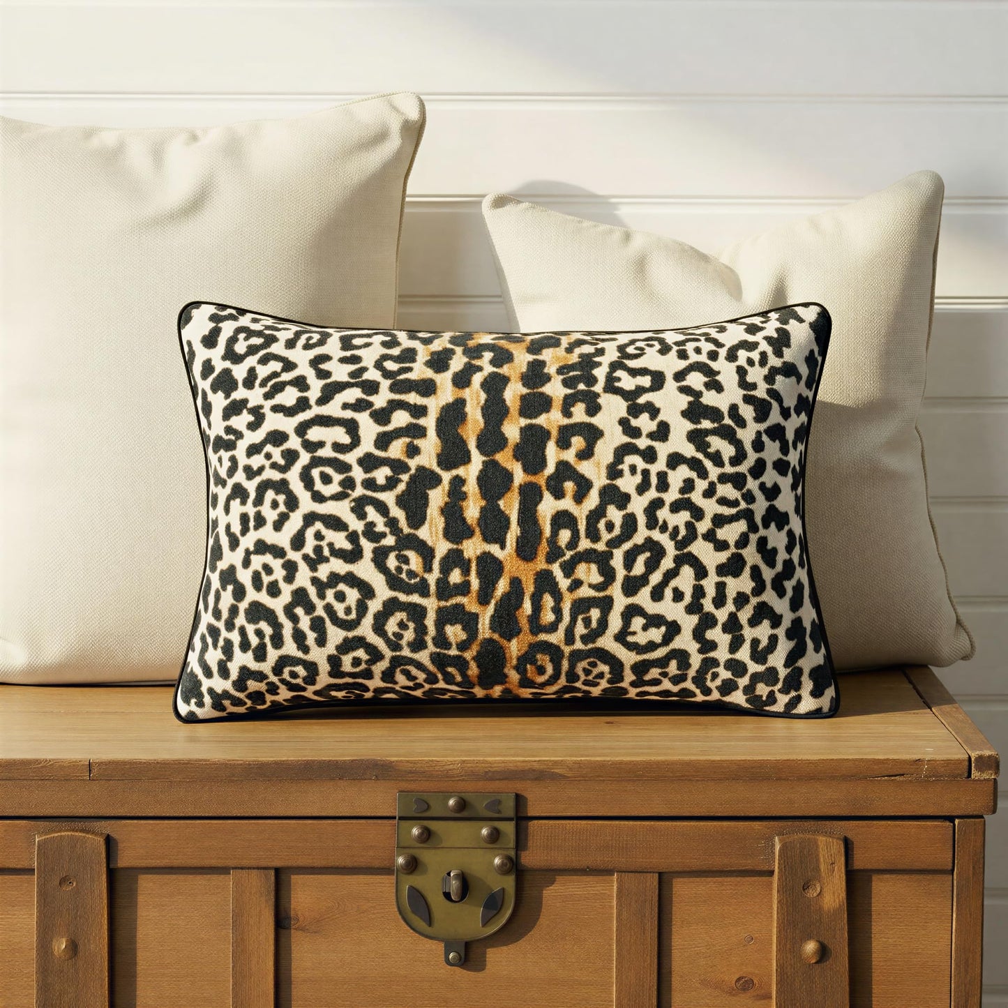 Creative Co-Op Leopard Print Piped Cotton Velvet Lumbar Pillow, Multicolor Finish