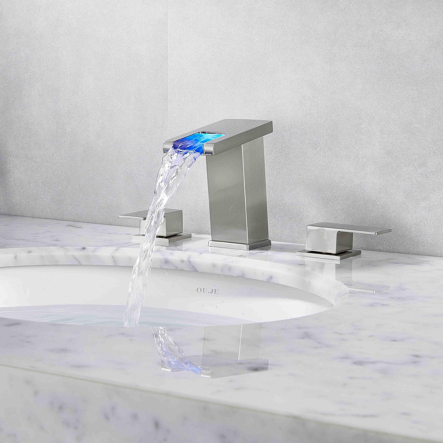 Kyatinsal LED Light Widespread Faucet for 3 Hole Brushed Nickel, 8 inch Widespread Modern Waterfall Bathroom Faucet with Pop Up Drain and Supply Hose, Waterfall Bathroom Sink Faucet Vanity Faucet