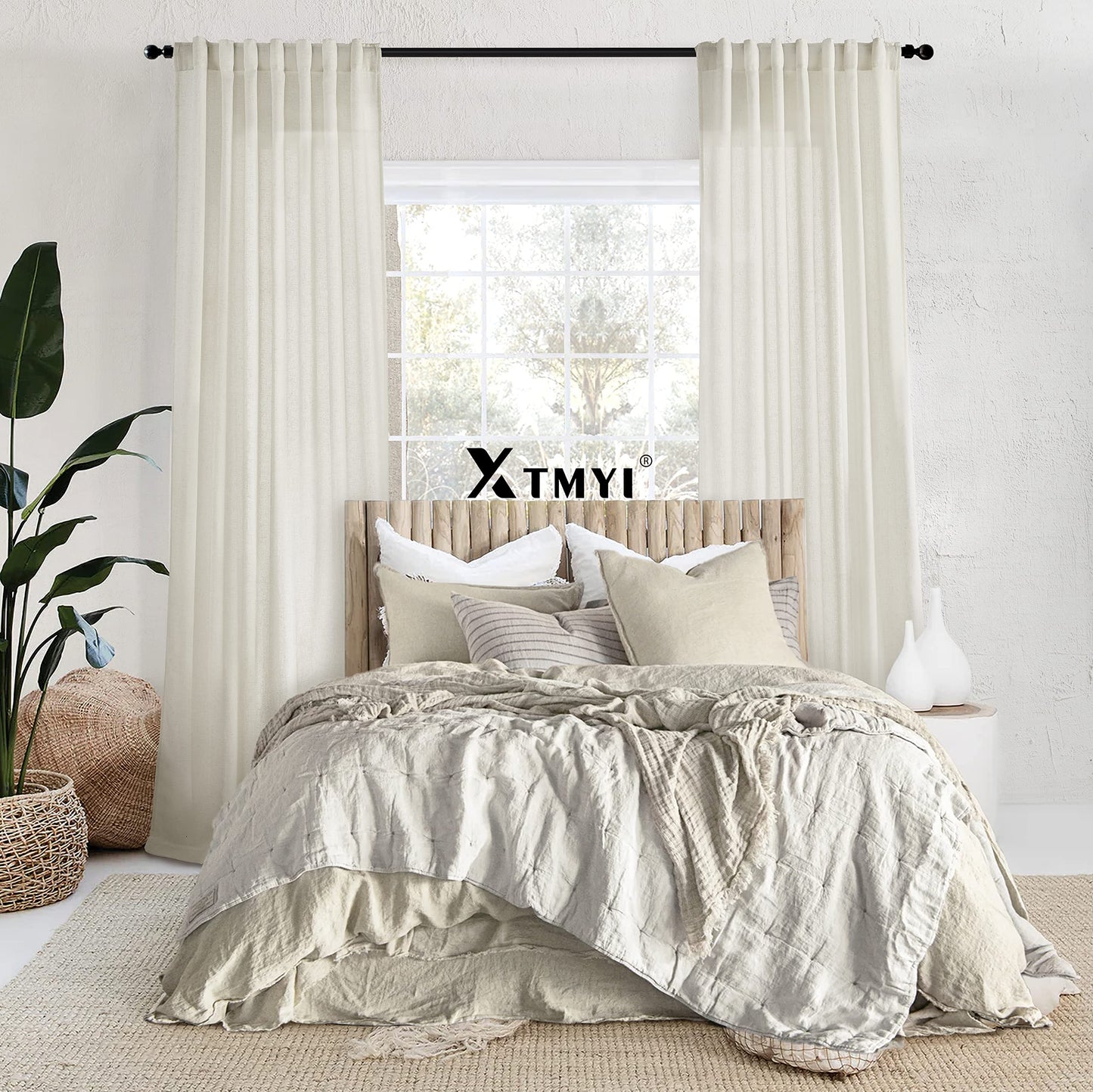 108 Inch Linen Curtains 2 Panels,With Heading Tape Hooks for Track System Back Tab,Stone Washed Cotton Flax Weave Sheer Extra Long Curtain for Living Room Bedroom,9FT 9 FT,Cream(Ivory/Off White)