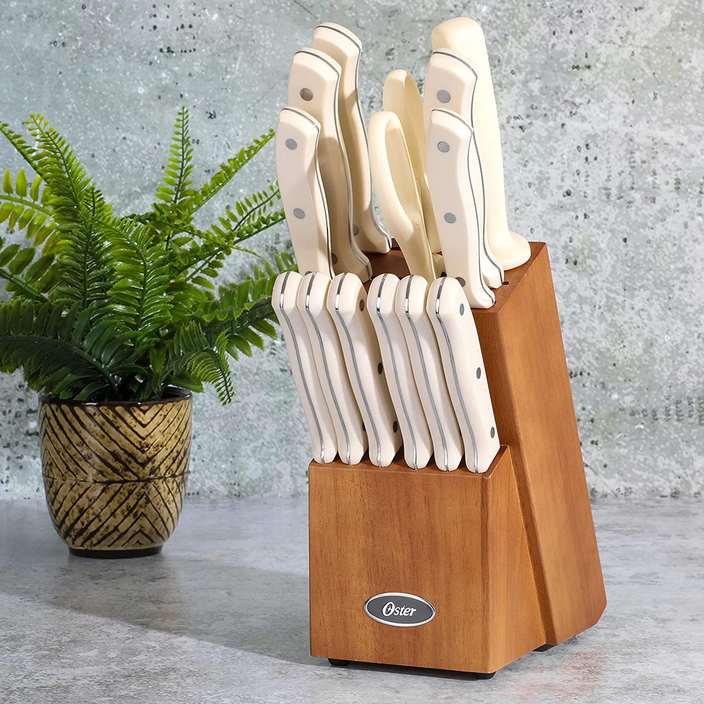 Oster Evansville 14 Piece Cutlery Kitchen Knife Block Set, Stainless Steel w/Linen White Handles - Cuchillos Para Cocina