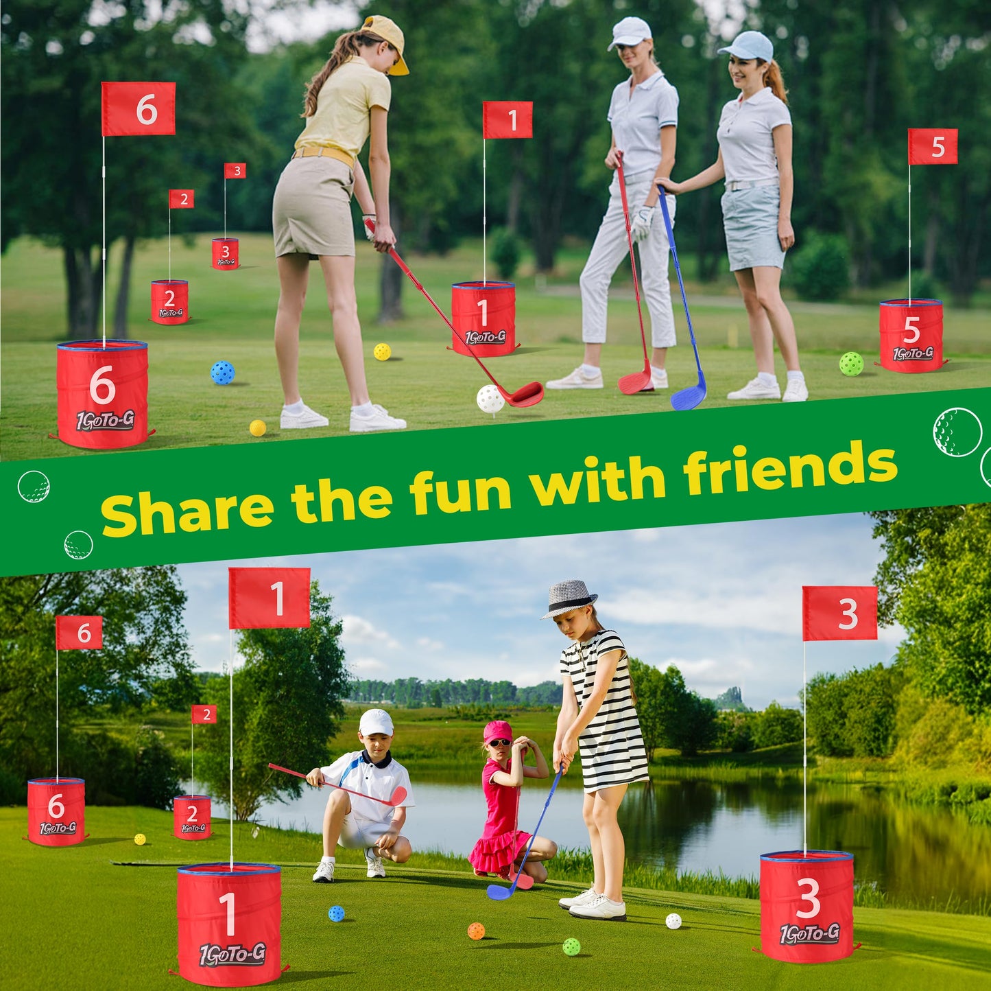 1GoTo-G Golf Bucket Game, Backyard Golf Game for Kids and Adults - Portable 9 Holes Golf Course Play Outdoor, Lawn, Park, Beach, Yard, Camping with Club.